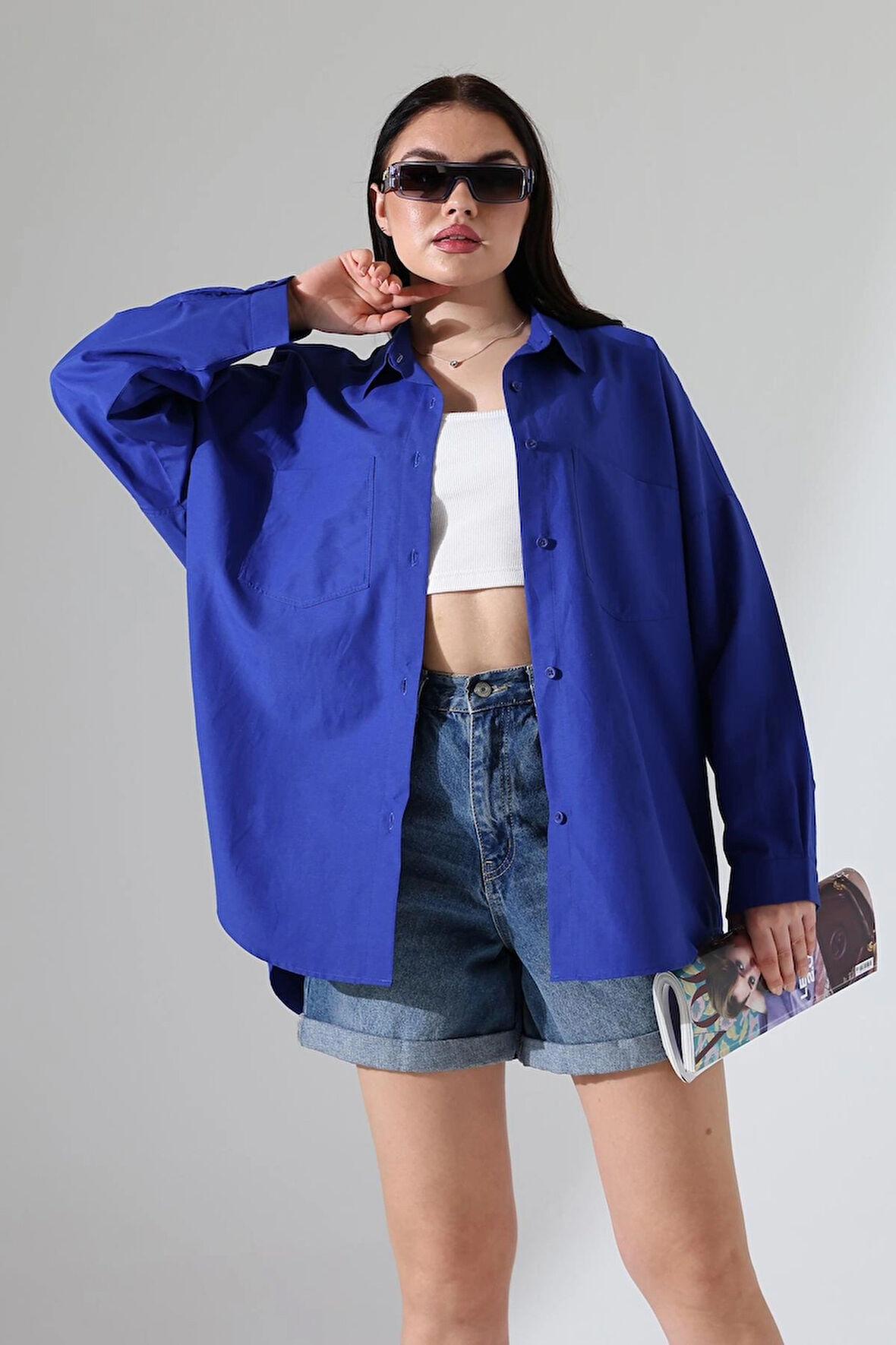 Oversize Poplin Kumaş Çift Cepli Kadın Tunik Gömlek