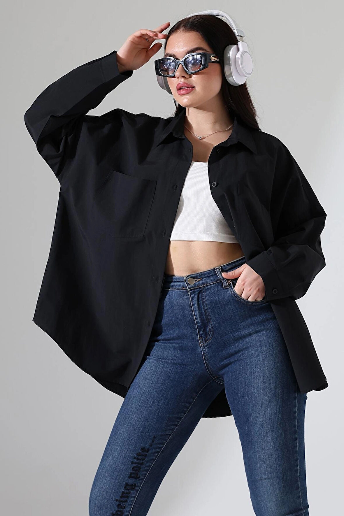 Oversize Poplin Kumaş Çift Cepli Kadın Tunik Gömlek