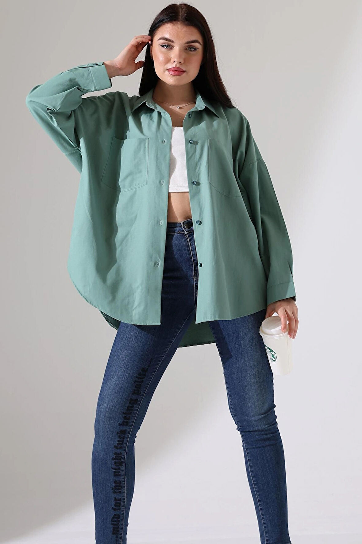 Oversize Poplin Kumaş Çift Cepli Kadın Tunik Gömlek