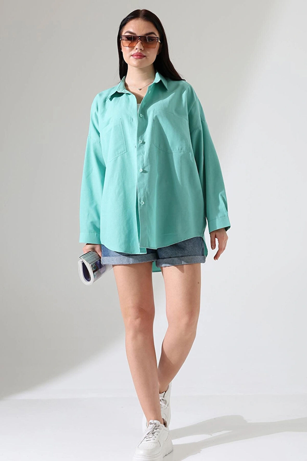 Oversize Poplin Kumaş Çift Cepli Kadın Tunik Gömlek