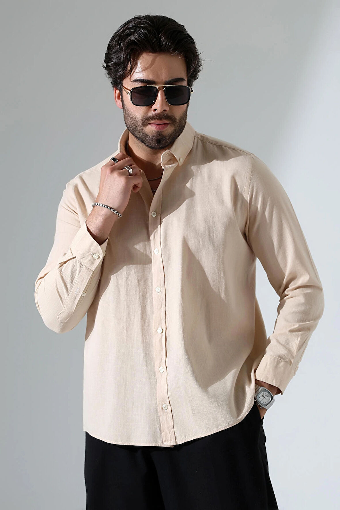 Oversize Kesim Uzun Kol Pamuk Keten Erkek Gömlek