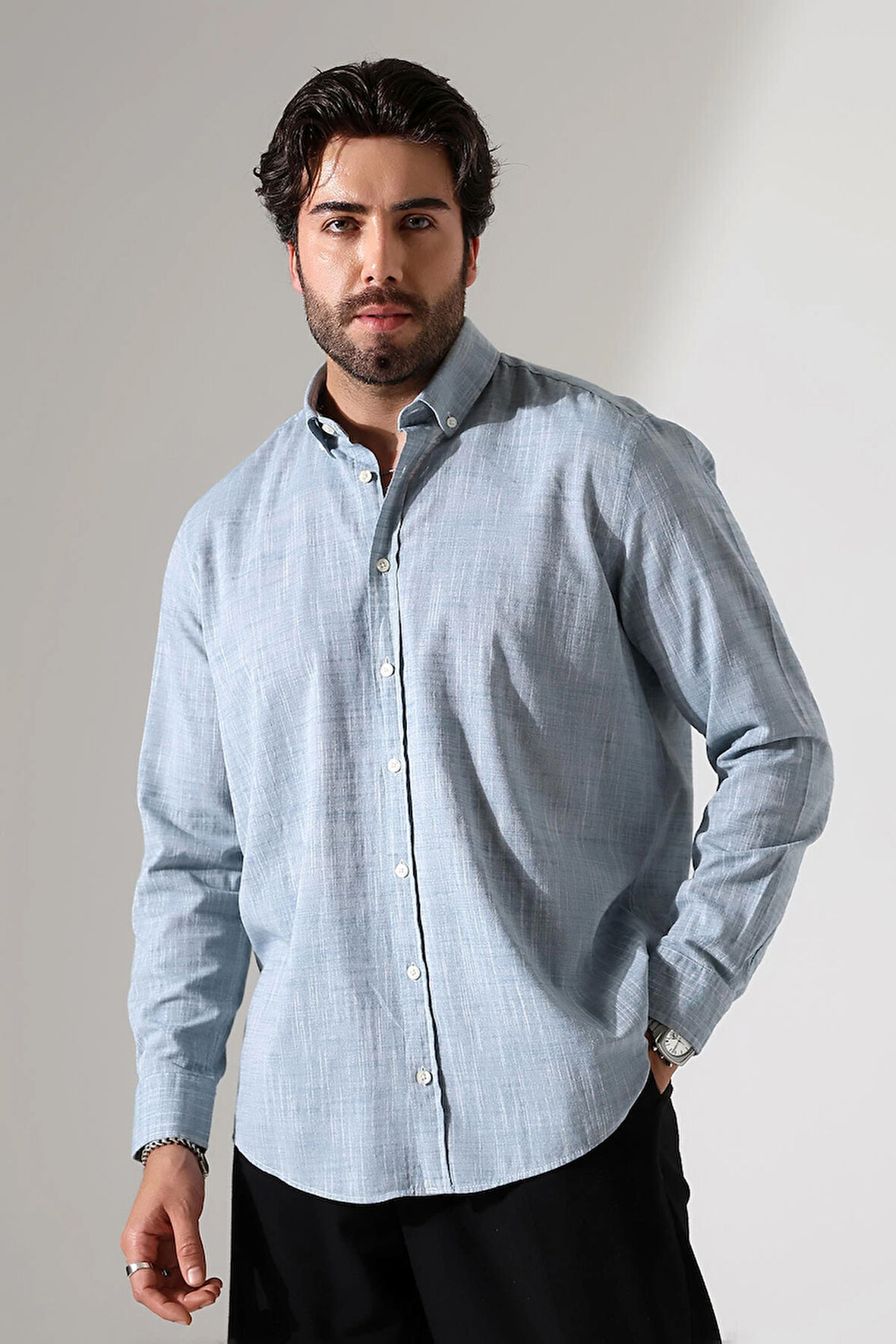 Oversize Kesim Uzun Kol Pamuk Keten Erkek Gömlek