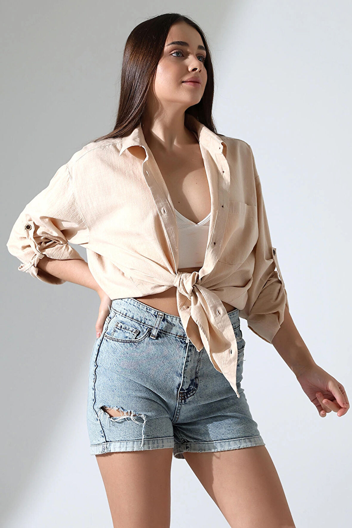 Oversize Kalıp Keten Kumaş Aplike Cepli Apoletli Kadın Gömlek