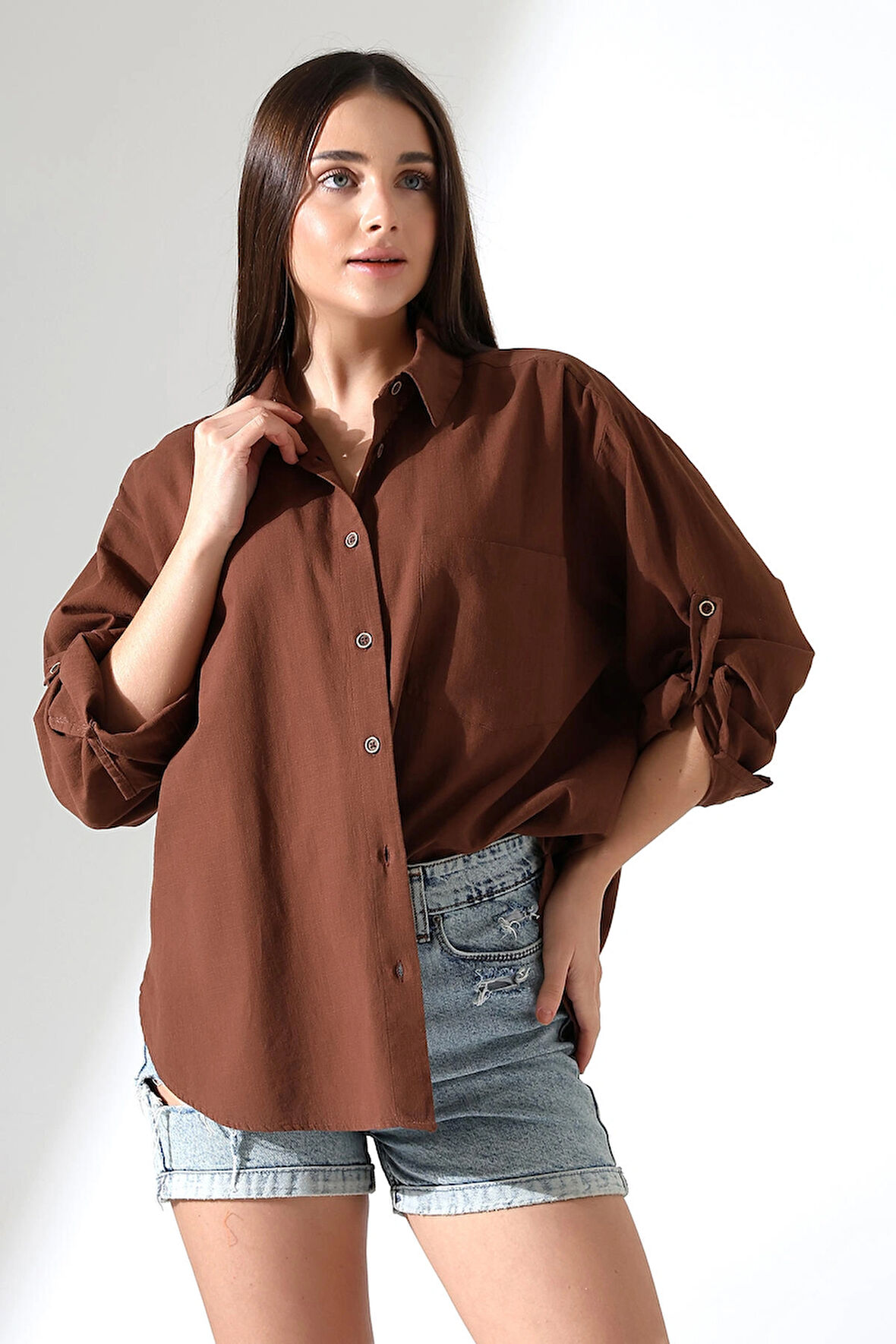 Oversize Kalıp Keten Kumaş Aplike Cepli Apoletli Kadın Gömlek