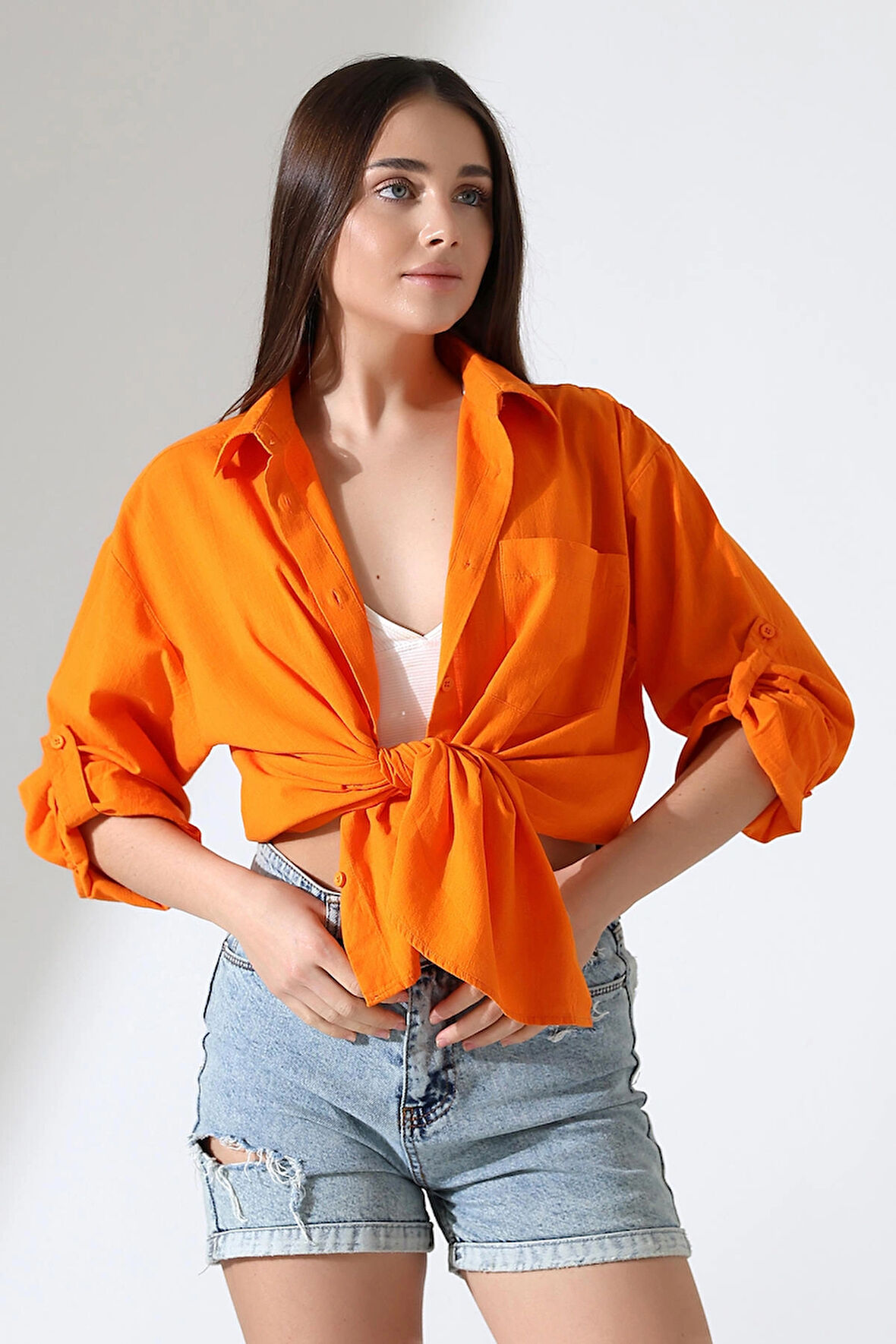 Oversize Kalıp Keten Kumaş Aplike Cepli Apoletli Kadın Gömlek