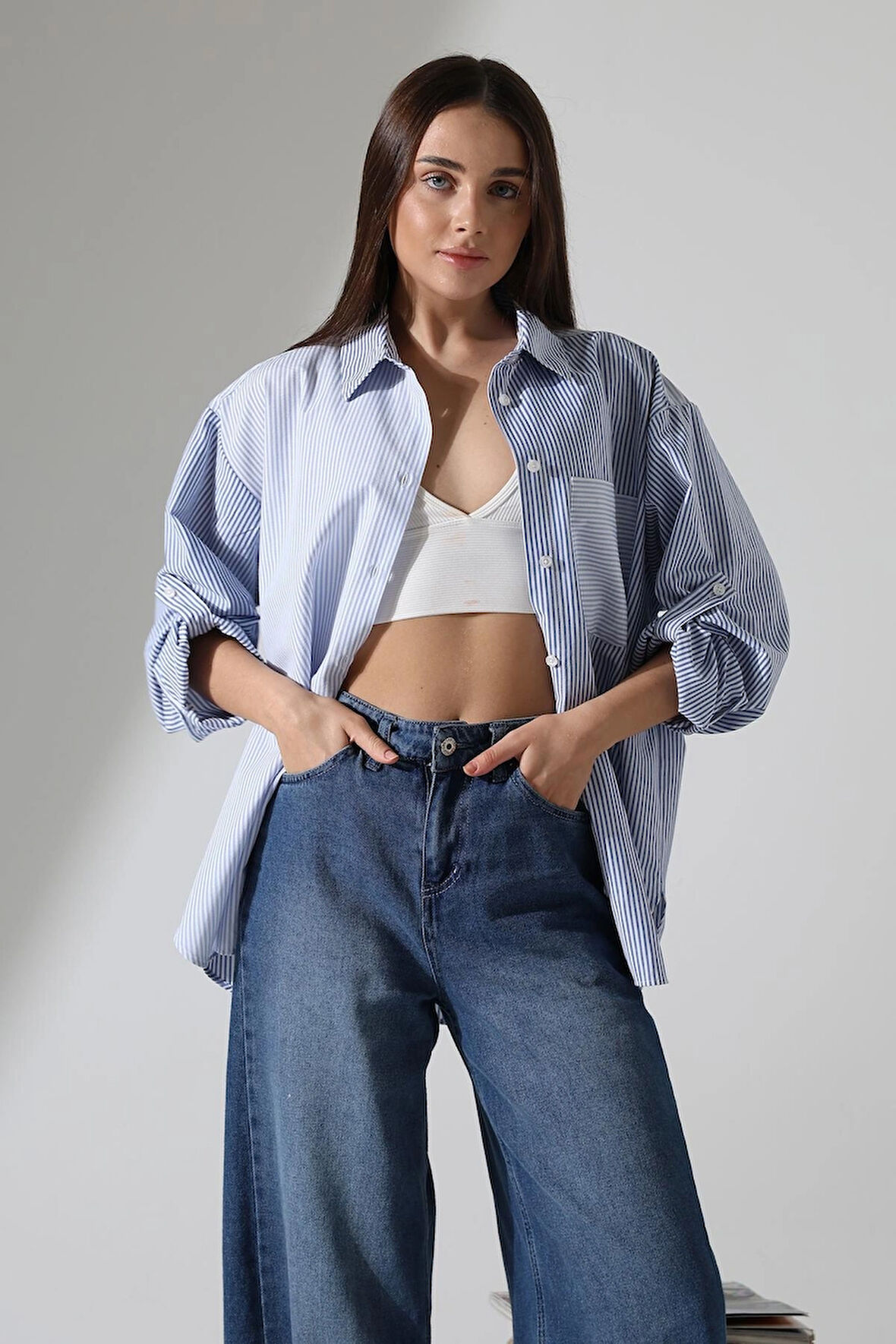  Poplin Kumaş Oversize Çizgili Apolitli Tasarım Gömlek