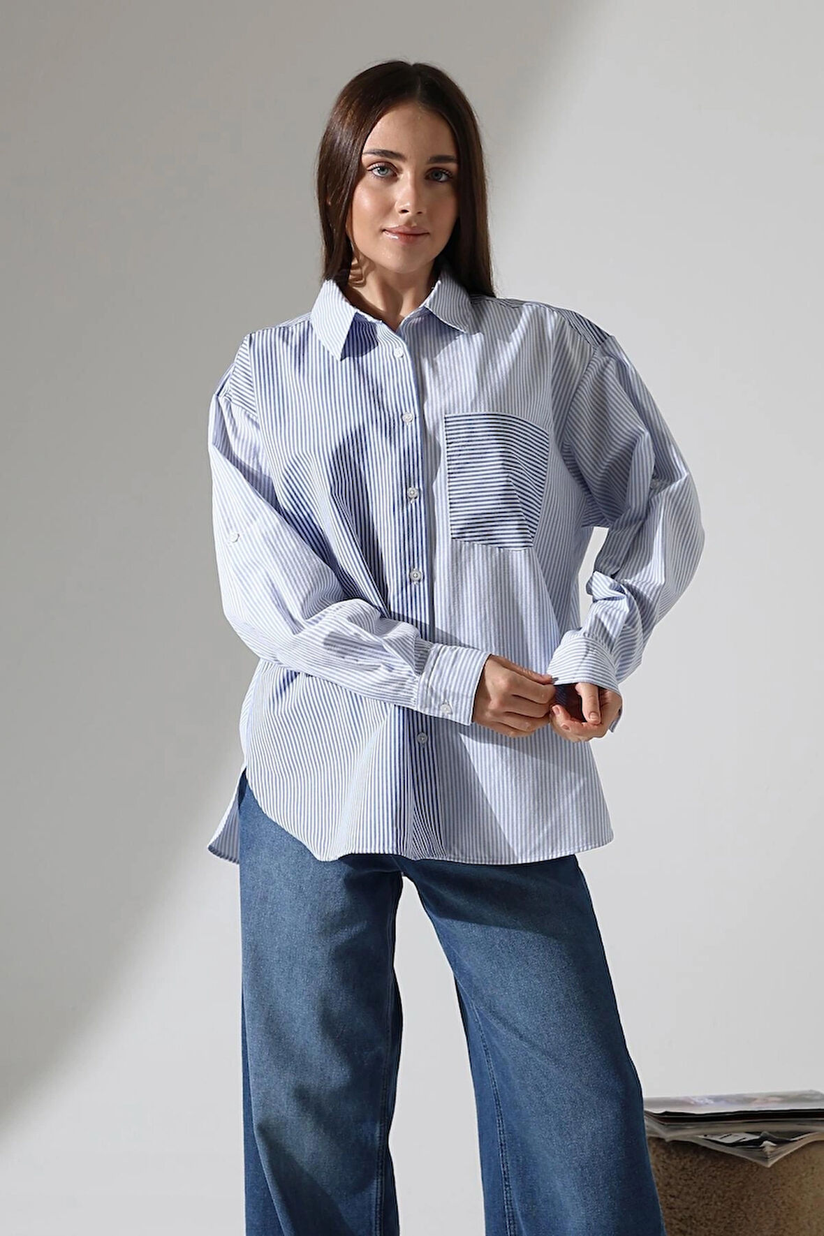 Poplin Kumaş Oversize Çizgili Apolitli Tasarım Gömlek