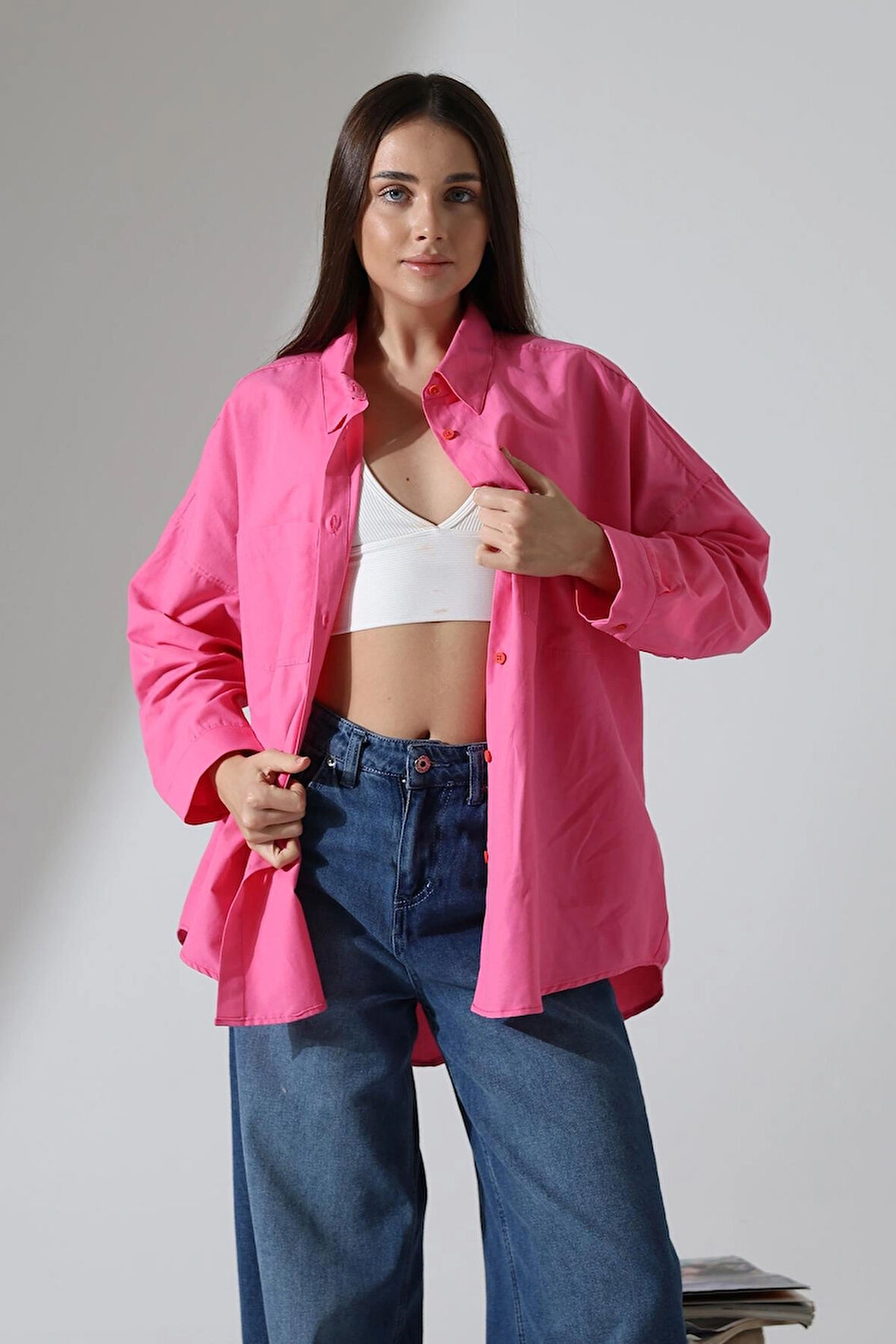 Poplin Kumaş Çift Cepli Oversize Koyu Pembe Kadın Tunik Gömlek
