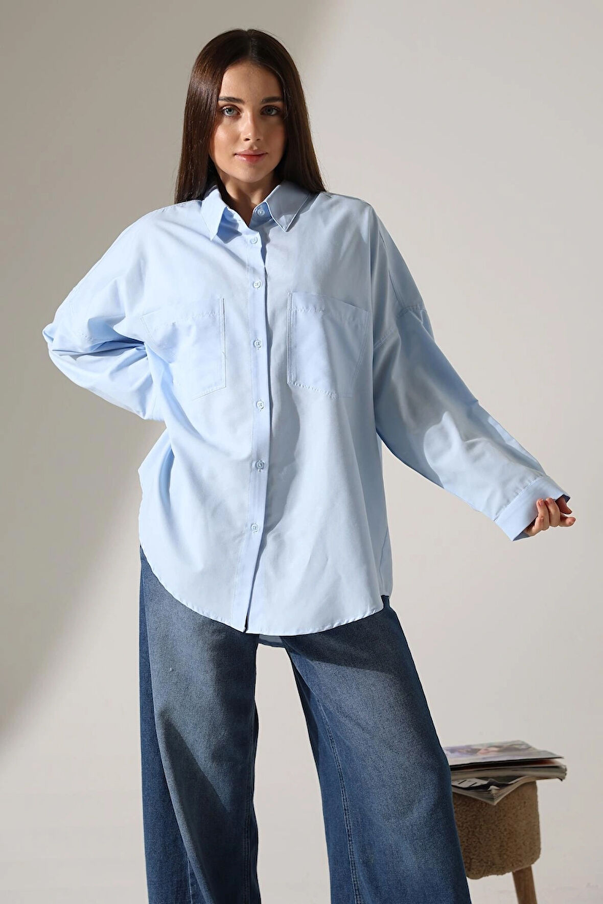 Poplin Kumaş Çift Cepli Oversize Kadın Tunik Gömlek