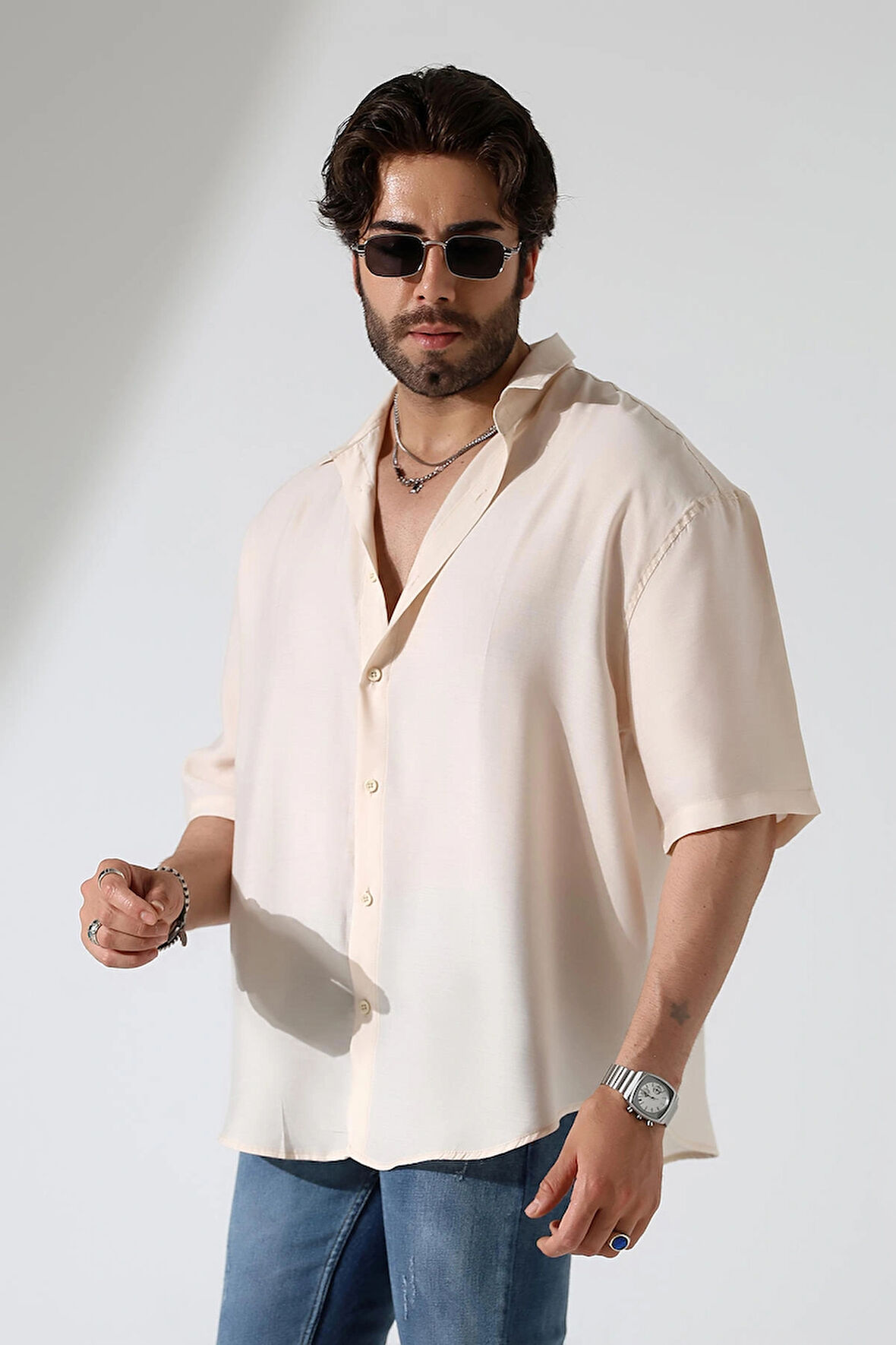 Oversize Kesim Kısa Kol Pamuk Keten Erkek Gömlek