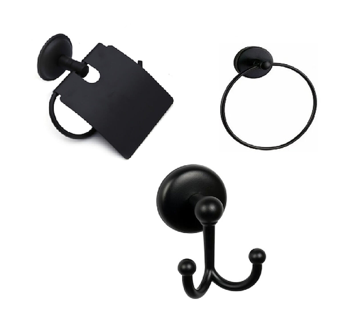 MK Yapışkanlı Siyah Üçlü Banyo Aksesuar Seti - Yuvarlak Havluluk - Banyo Askısı - Kapaklı Tuvalet Kağıtlık