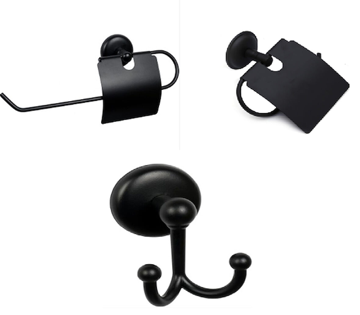 MK Yapışkanlı Siyah  Üçlü Banyo Aksesuar Seti - Kapaklı Havlu Kağıtlık - Banyo Askısı - Kapaklı Tuvalet Kağıtlık