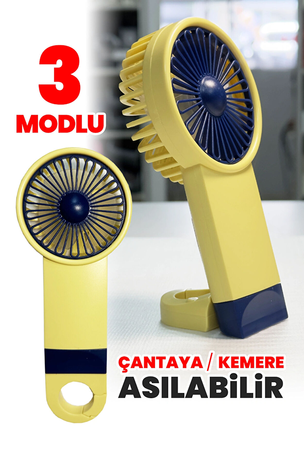 Şarjlı Mini El Fanı Standlı Çantaya Kemere Asılabilir, 3 Modlu Güçlü Serinletici Vantilatör Pervane