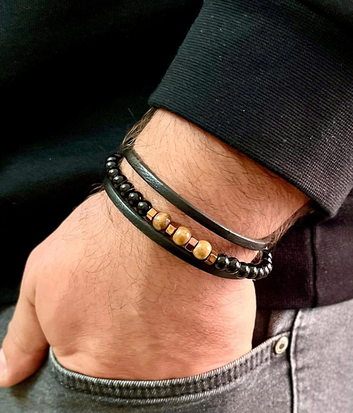 %100 Deri ve Boncuk Kombinli Erkek Bileklik Özel Boyut NET 23cm (Türk El Üretimi)