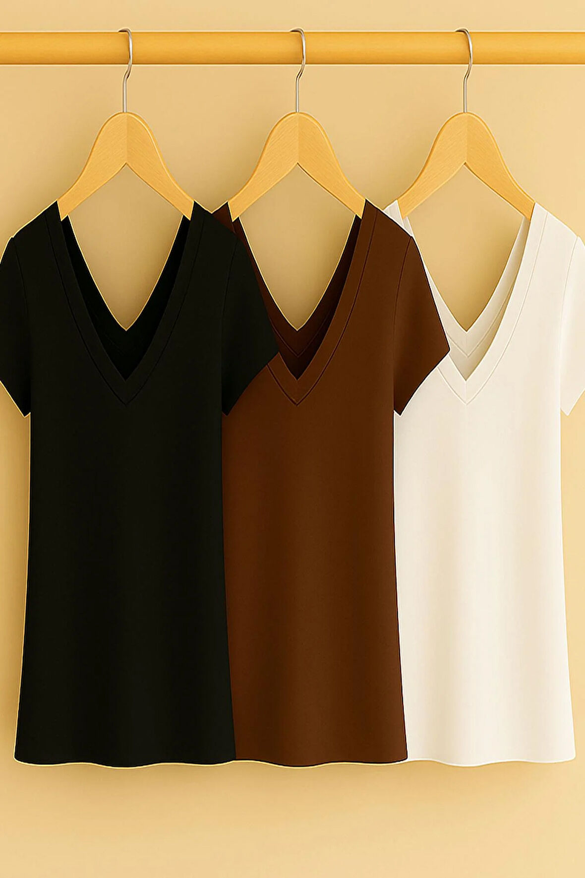 3 Adet Ön ve Arka V Yaka Basic Pamuklu Tişört