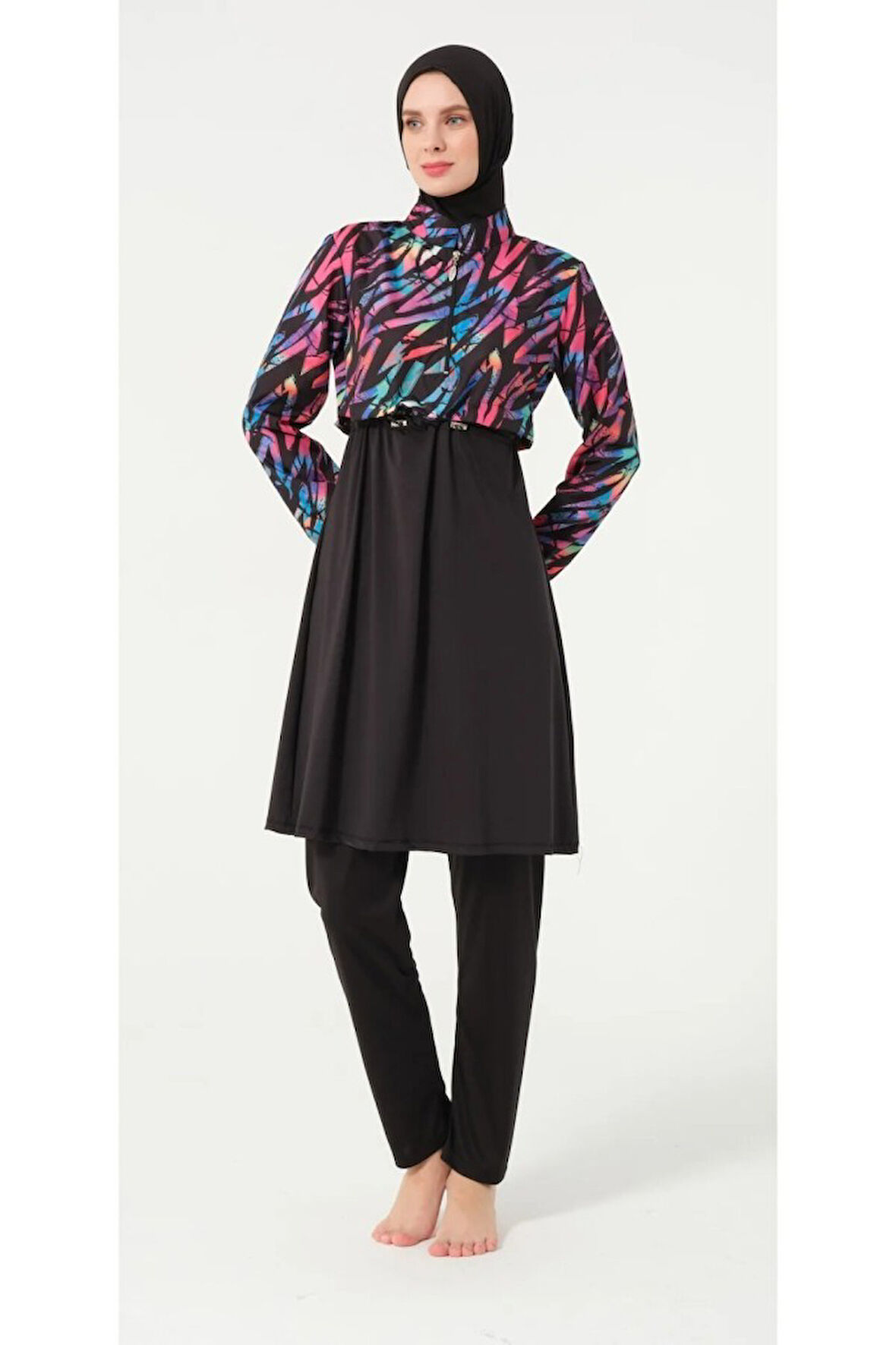 Tesmay 21109 Siyah Dijital Desenli Lycralı Tesettür Mayo