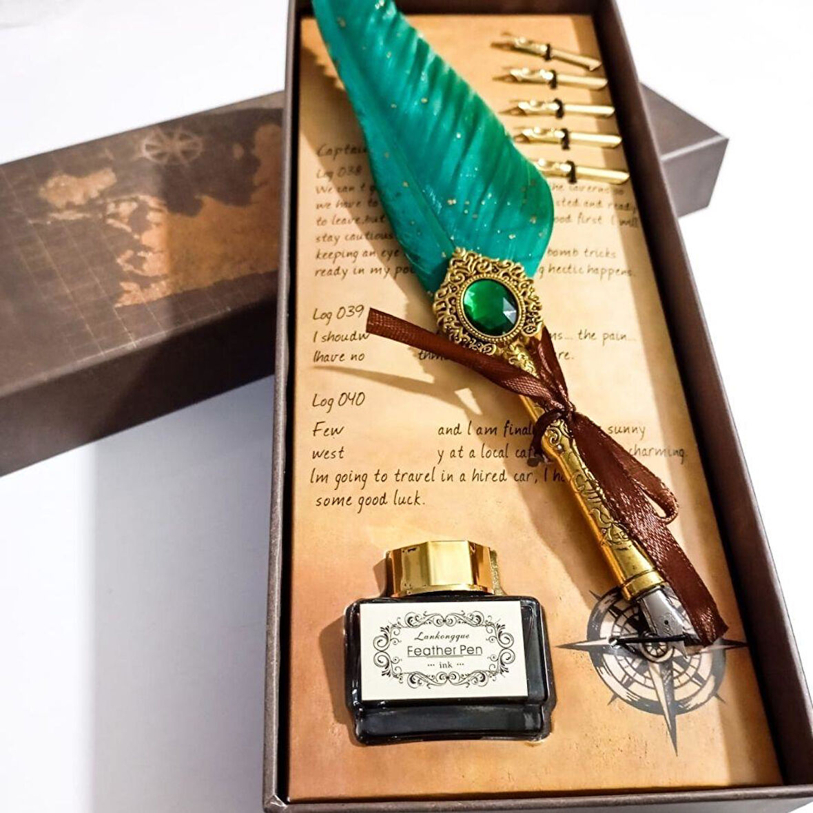 Kişiye Özel Retro Tüylü Divit Kalem Seti - Özel Kutulu Yazı Kalemi ve Mürekkep Seti
