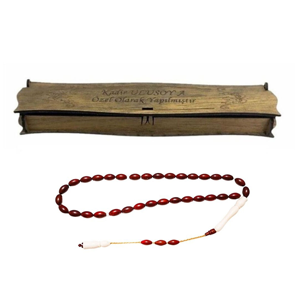 Kişiye Özel Kutulu Deve Kemiği İmameli Arpa Kesim Kınalı Kuka Tesbih – Şık Ahşap Hediye Kutulu Özel Tasarım