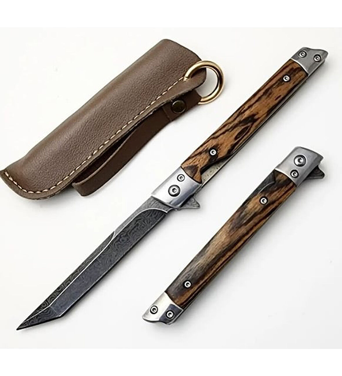 Kamp ve Outdoor Kullanıma Uygun Damascus İşlemeli Katlanır Çakı – Doğal Ağaç Saplı El Yapımı Bıçak