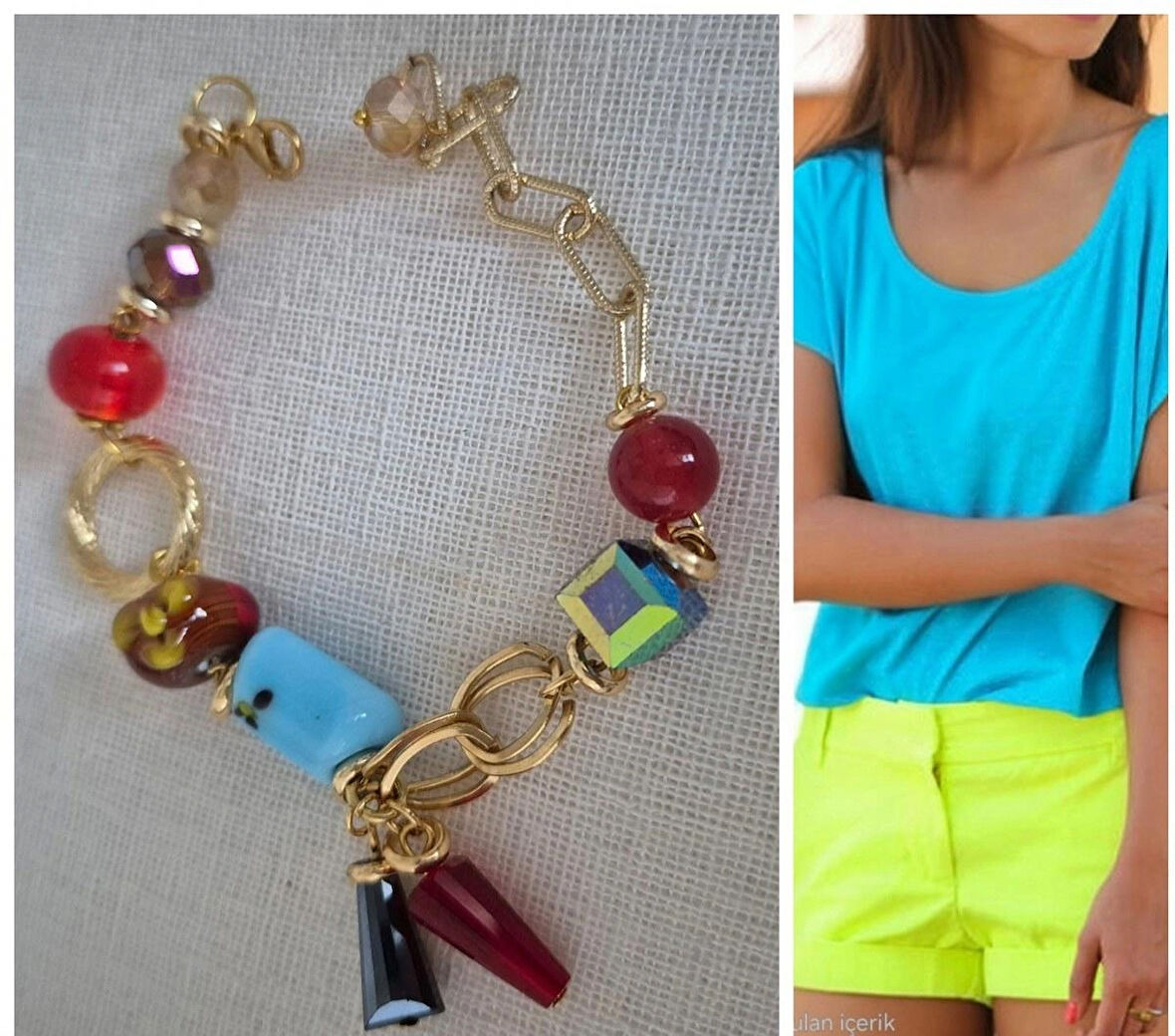 GOLD ZİNCİRLİ CAM BONCUKLU BİLEKLİK