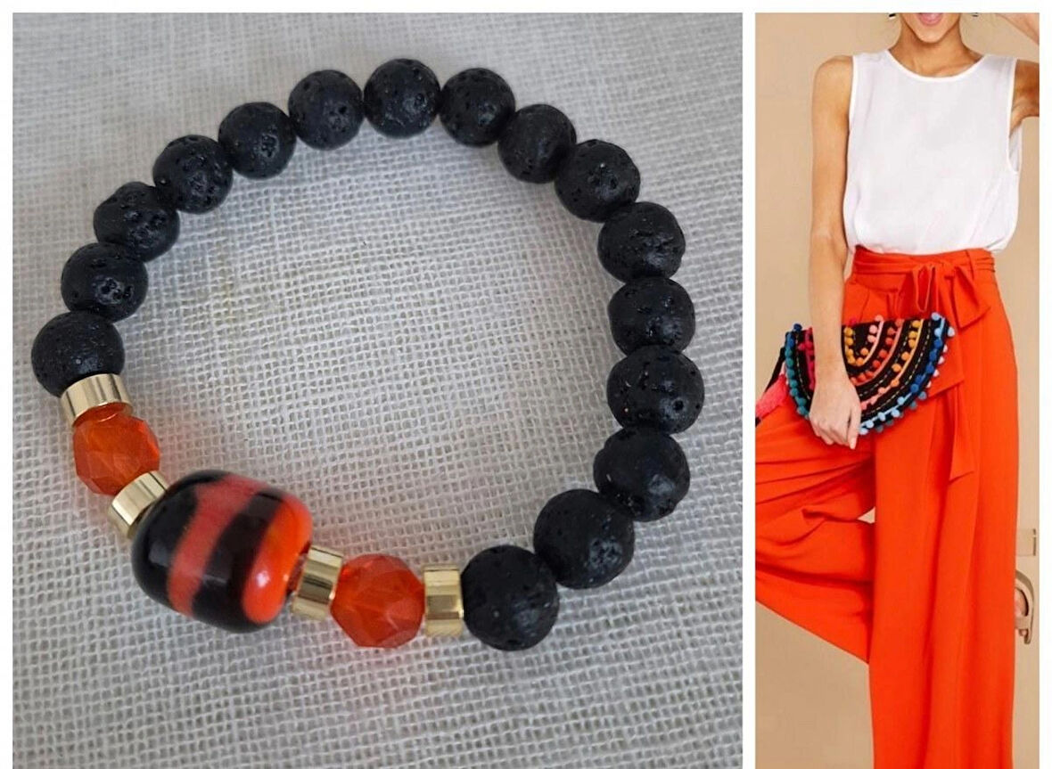 SİYAH LAV TAŞLI TURUNCU CAM İŞLEME Kadın BİLEKLİK