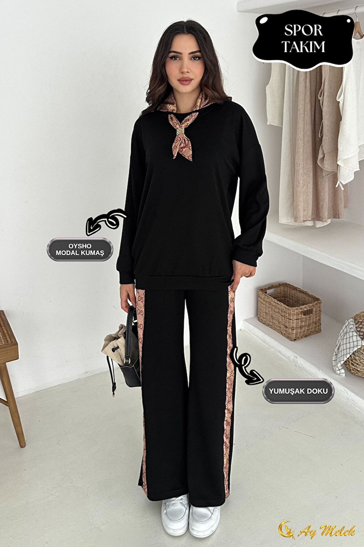 Kadın Modal Takım (HEDİYE Fular Aksesuarlı) Geniş Paça Spor Alt Üst Takım
