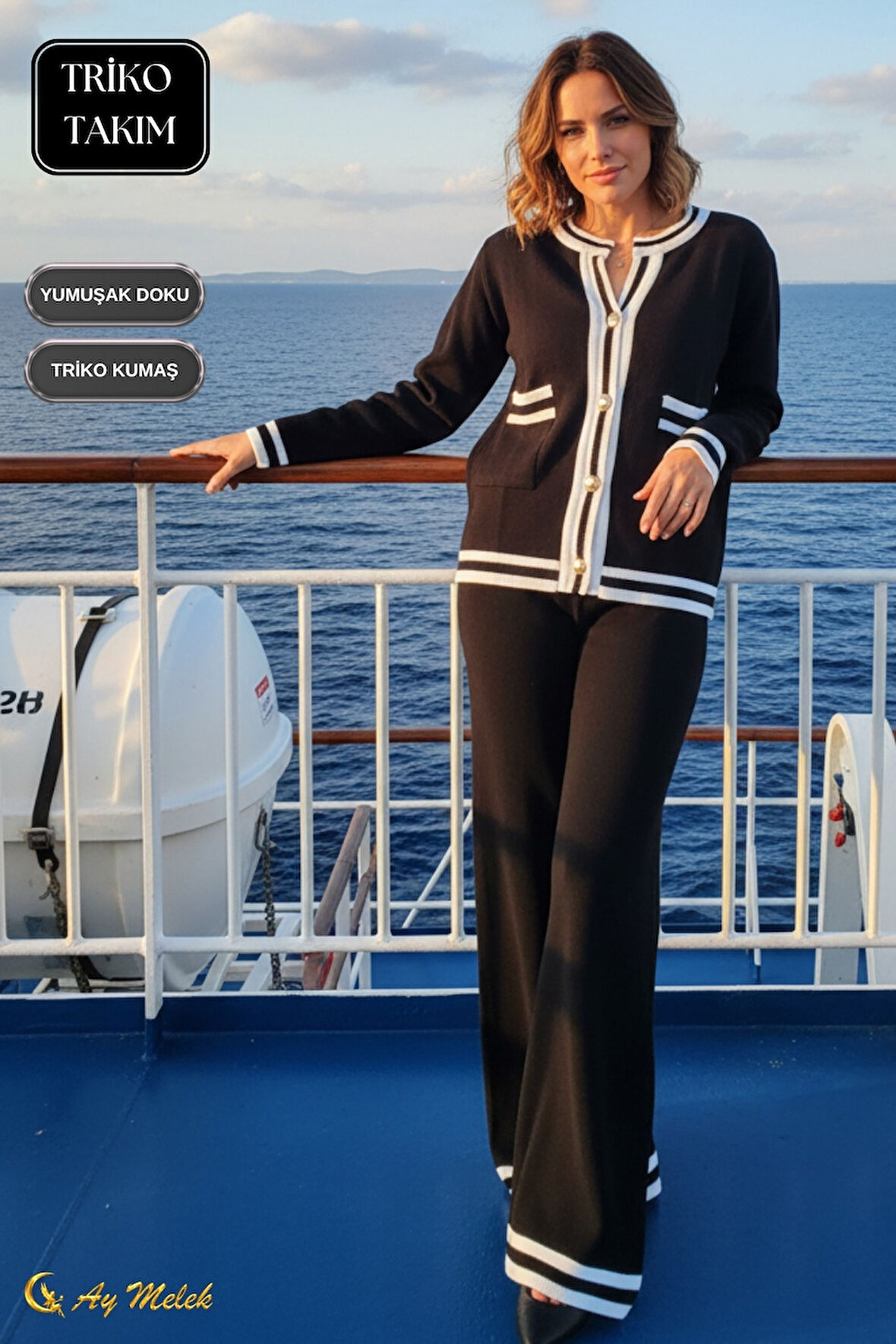 Kadın Triko Takım Şerit Detaylı Düğmeli Hırka ve Pantolon Alt Üst Takım