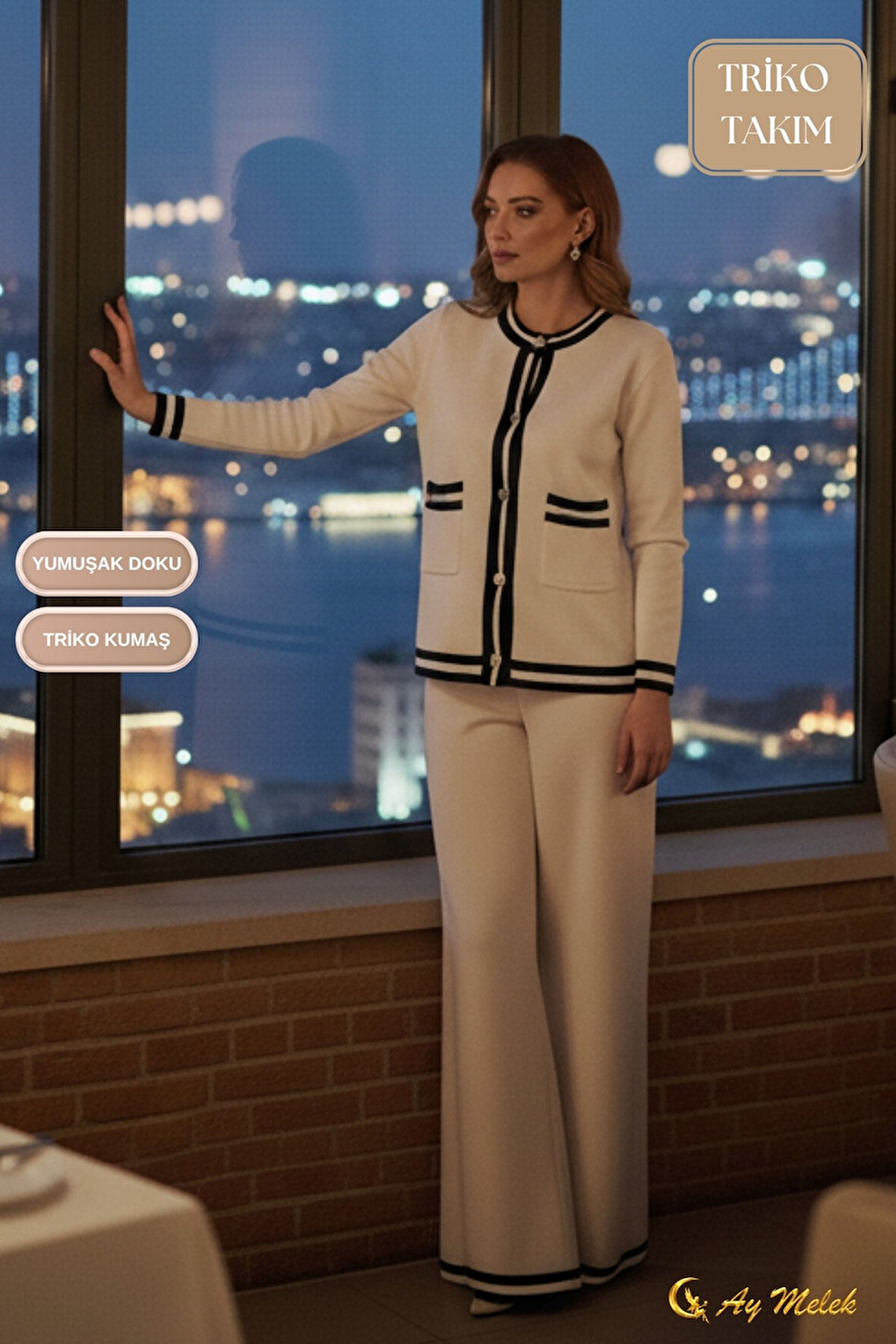 Kadın Triko Takım Şerit Detaylı Düğmeli Hırka ve Pantolon Alt Üst Takım