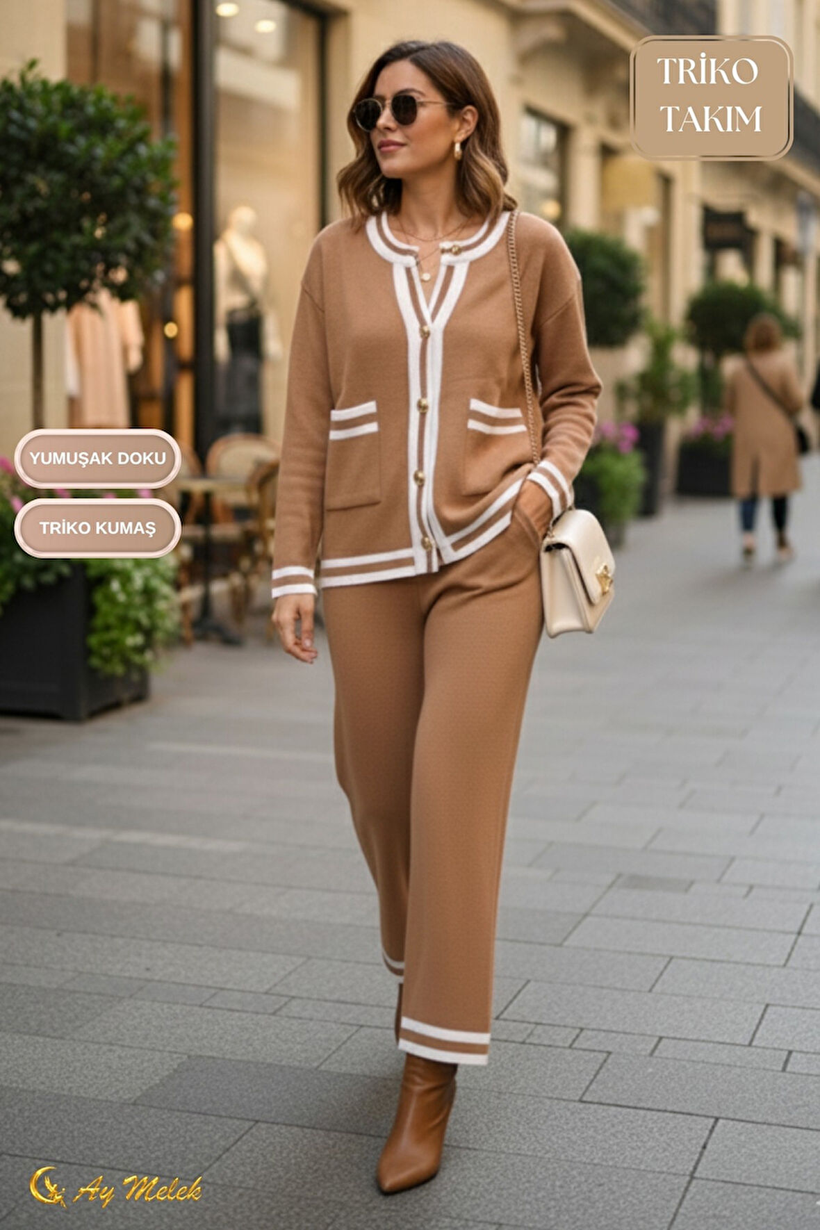 Kadın Triko Takım Şerit Detaylı Düğmeli Hırka ve Pantolon Alt Üst Takım