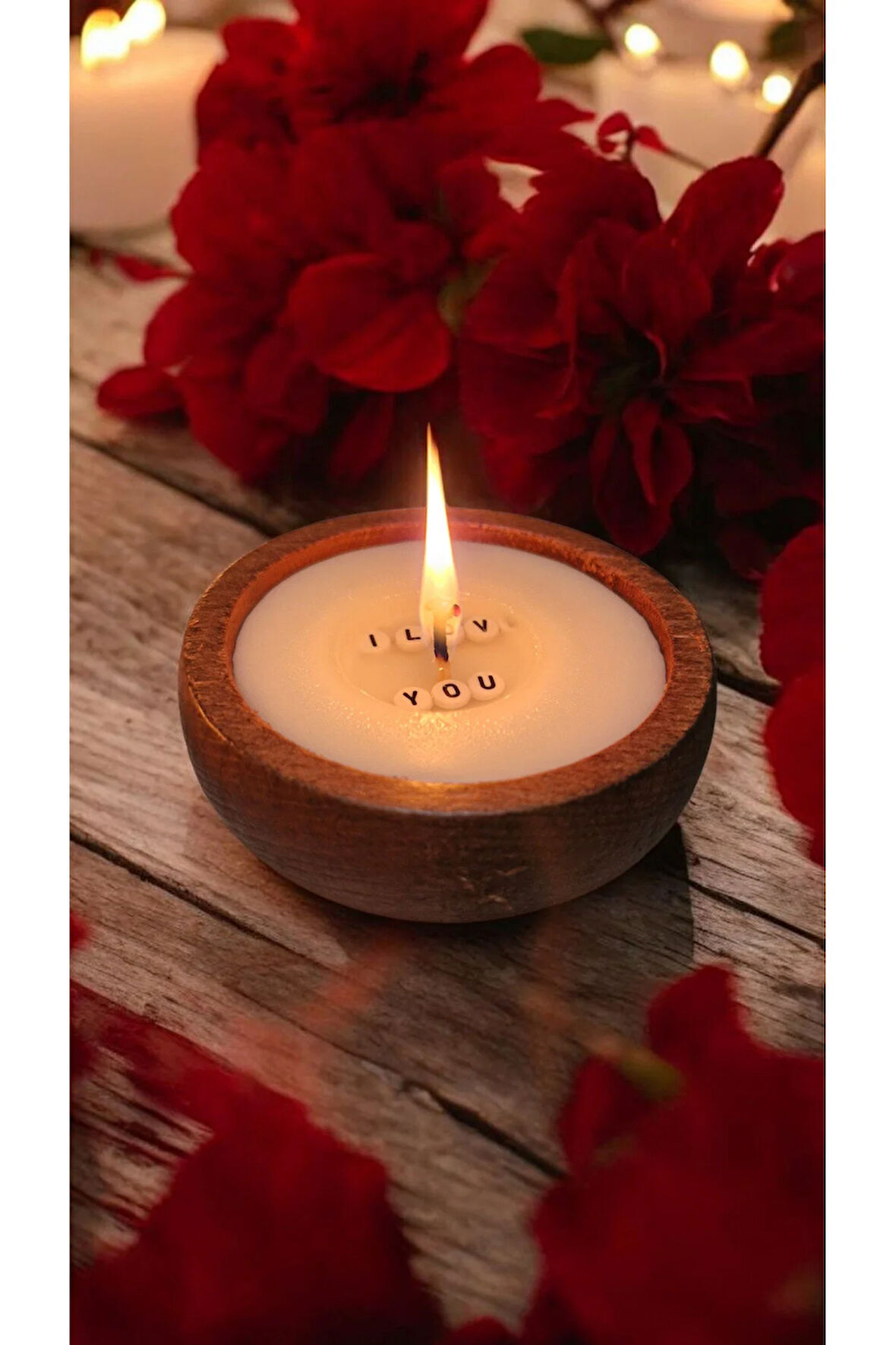 Seni Seviyorum Gizli Mesajlı Ahşap Mumlukta Lavanta Kokulu %100 Doğal Soya Mum