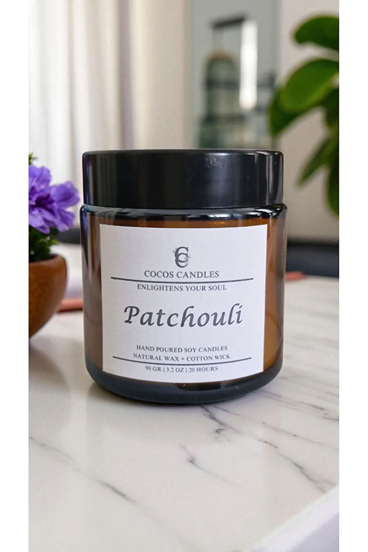 Paçuli Esanslı Doğal Soya Mum – Meditasyon ve Aromaterapi – Amber Cam – 90 gr – Cocos Candles