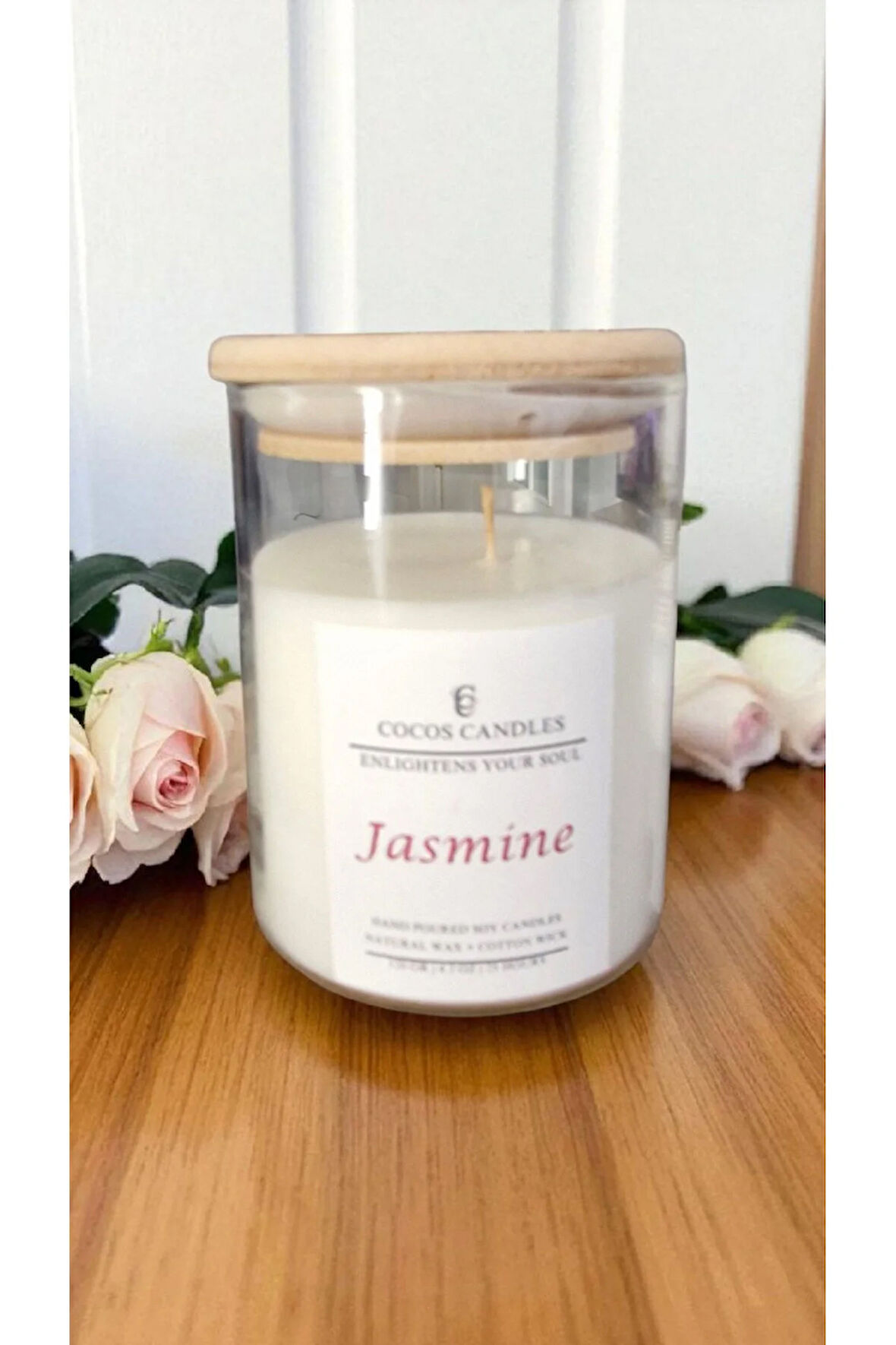 Aromaterapi & Meditasyon İçin Bambu Kapaklı Doğal Soya Mum – Yasemin Kokulu (120 gr)