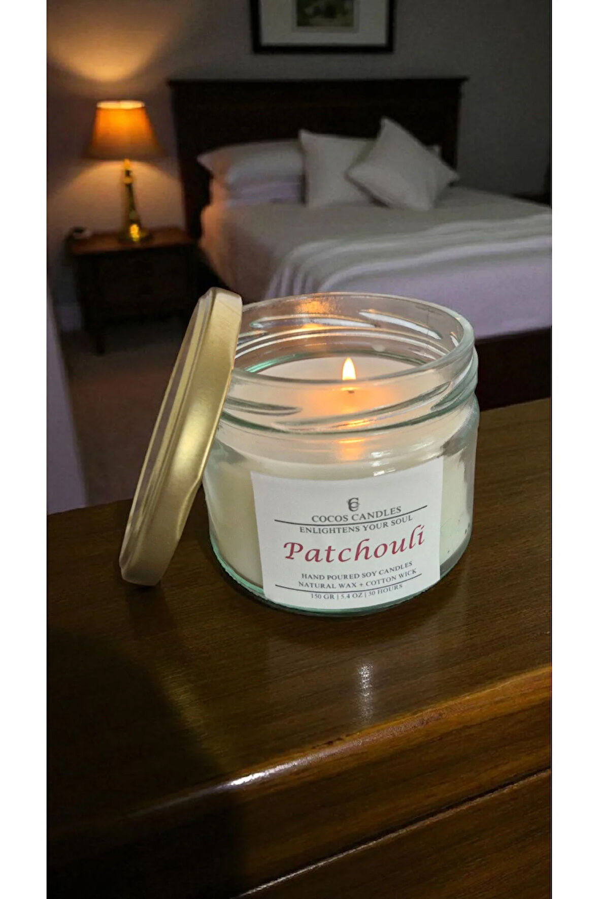 Paçuli Kokulu Doğal Soya Mum Aromaterapi ve Meditasyon İçin El Yapımı Cam Kavanoz