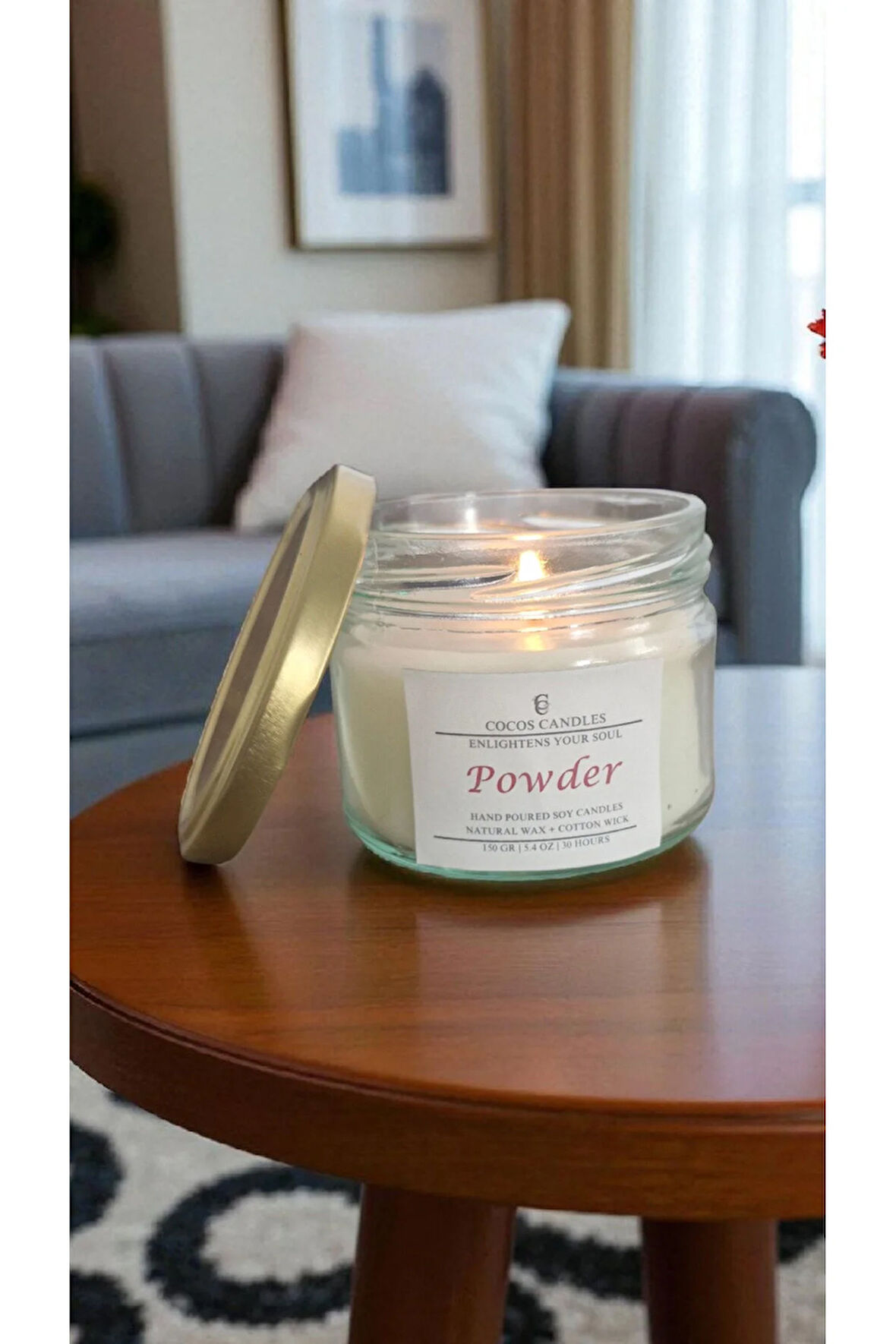 Pudra Kokulu Doğal Soya Mum Aromaterapi ve Meditasyon İçin El Yapımı Cam Kavanoz