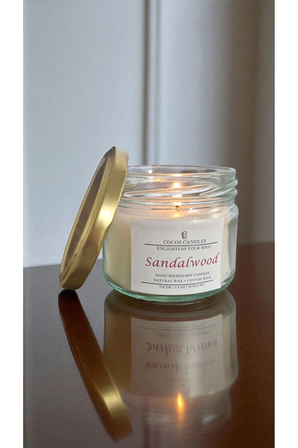 Sandal Ağacı Kokulu Doğal Soya Mum Aromaterapi ve Meditasyon İçin El Yapımı Cam Kavanoz