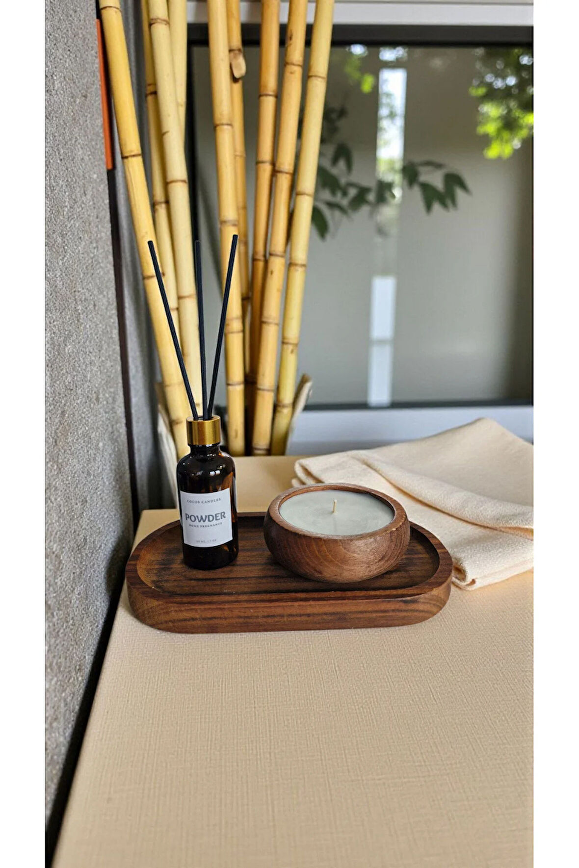 Pudra Mum&Koku Set-Ahşap Tabak Pamuk Fitil Bambu Oda Kokusu (50 ml)