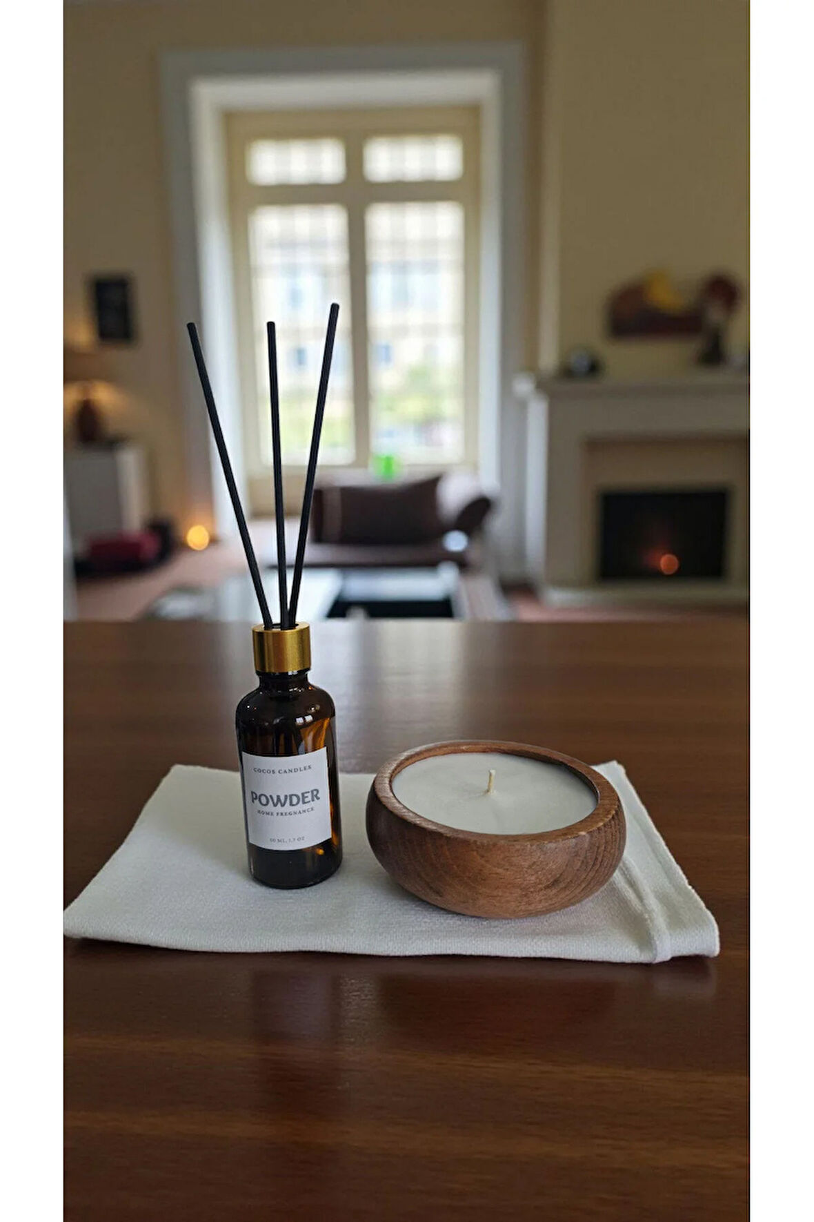 Pudra Mum&Koku Set-Ahşap Pamuk Fitil Bambu Oda Kokusu (50 ml)