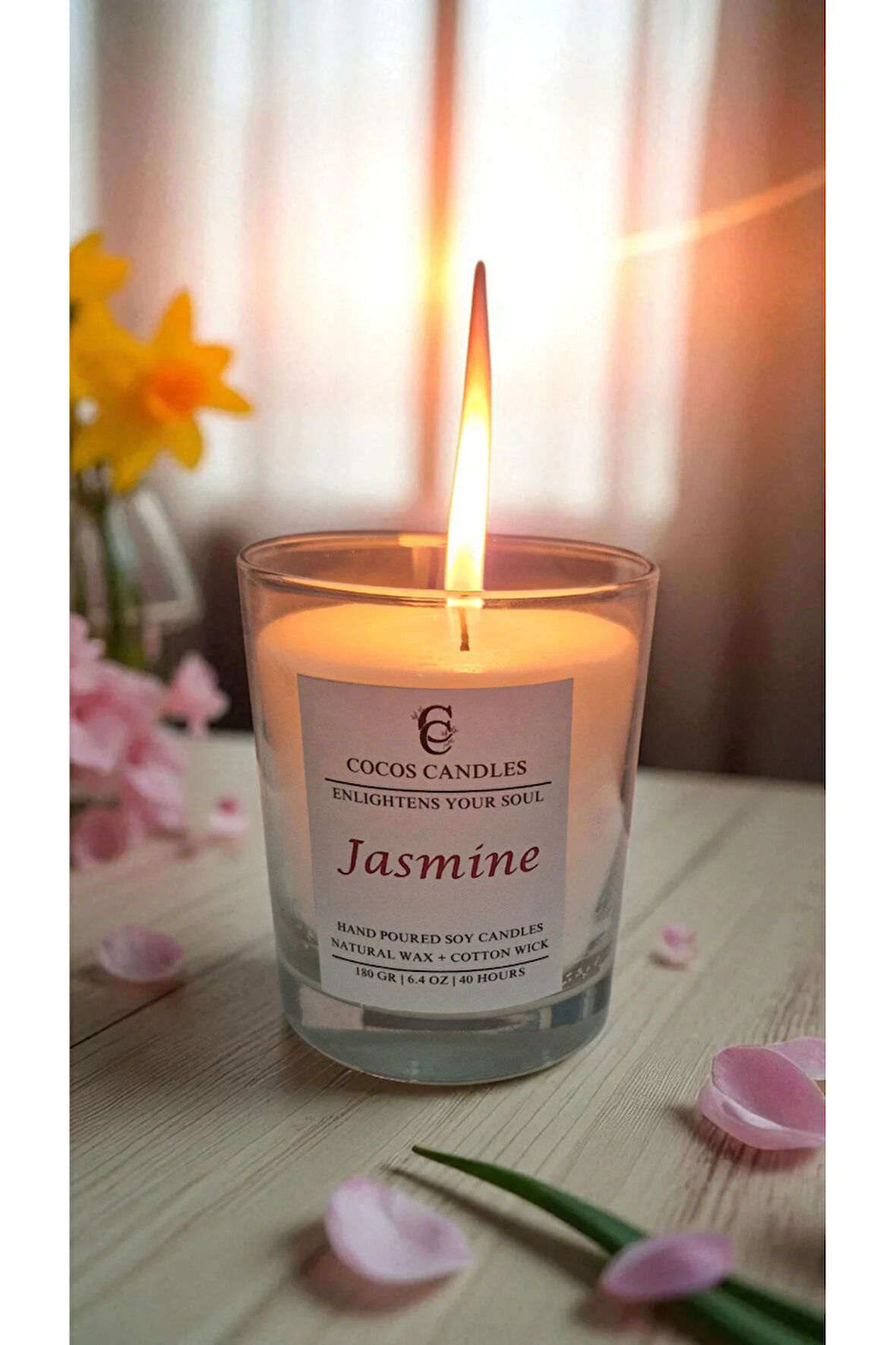 Cam Bardakta %100 Doğal Yasemin Kokulu Aromaterapi El Yapımı Soya Mum – 180 gr / 7x9 cm