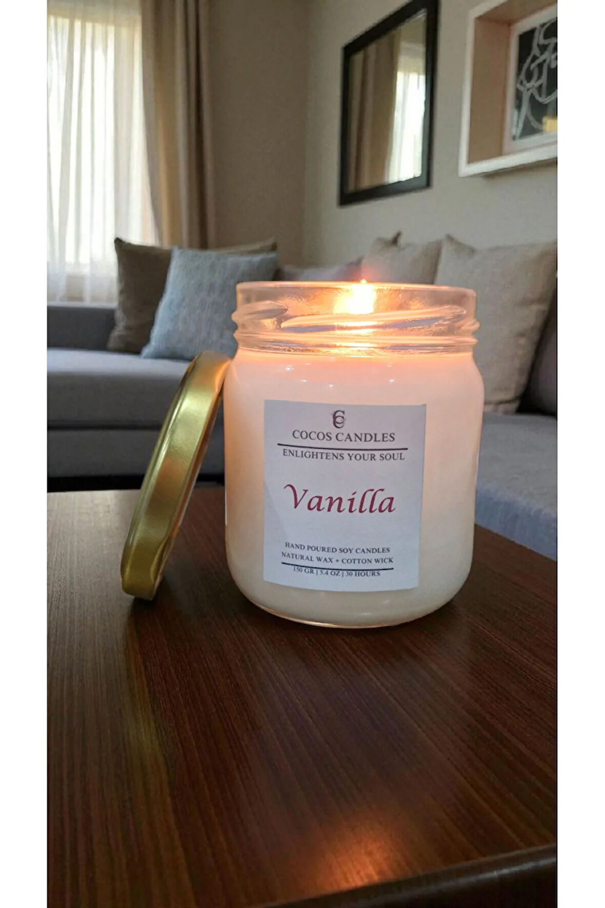 Vanilya Kokulu Doğal Soya Mumu – Aromaterapi ve Meditasyon Mum – 150 gr, 30 Saat Yanma Süresi