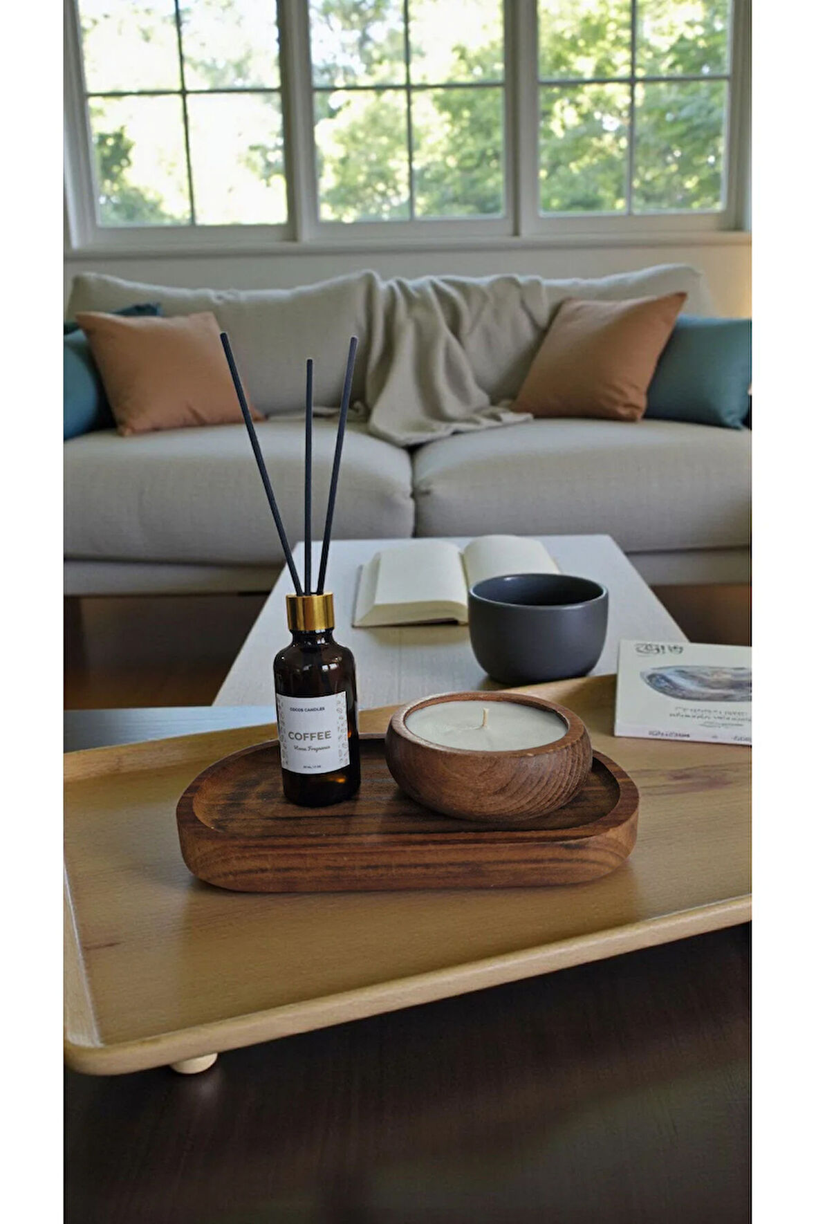 Kahve Mum&Koku Set-Ahşap Tabak Pamuk Fitil Bambu Oda Kokusu (50 ml)