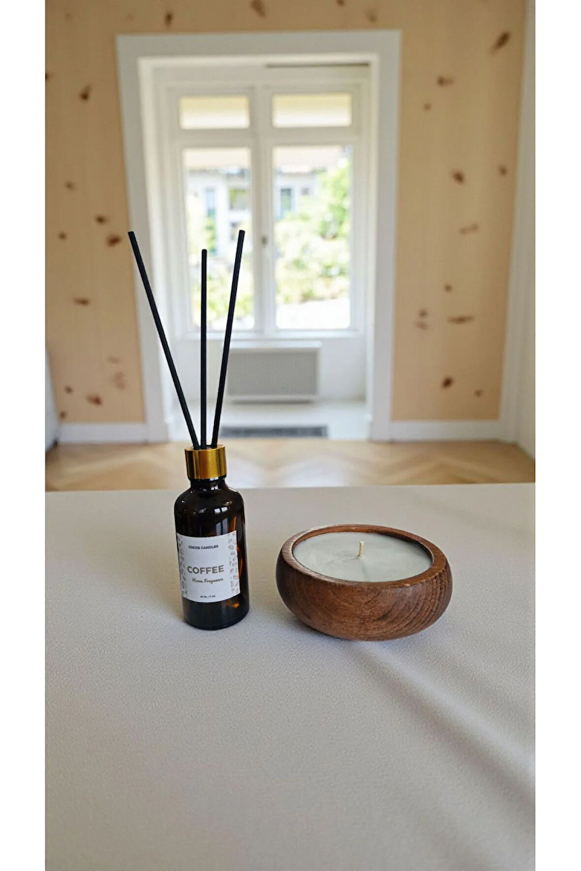 Kahve Mum&Koku Set-Ahşap Pamuk Fitil Bambu Oda Kokusu (50 ml)