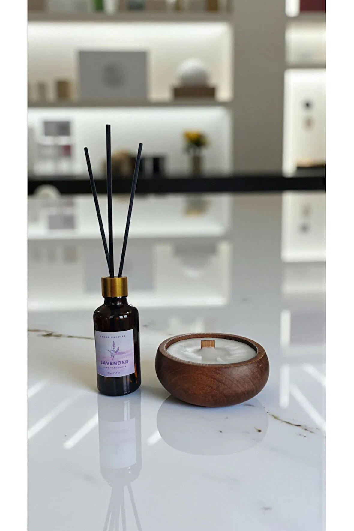 Lavanta Mum&Koku Set-Ahşap Fitil Bambu Oda Kokusu (50 ml)