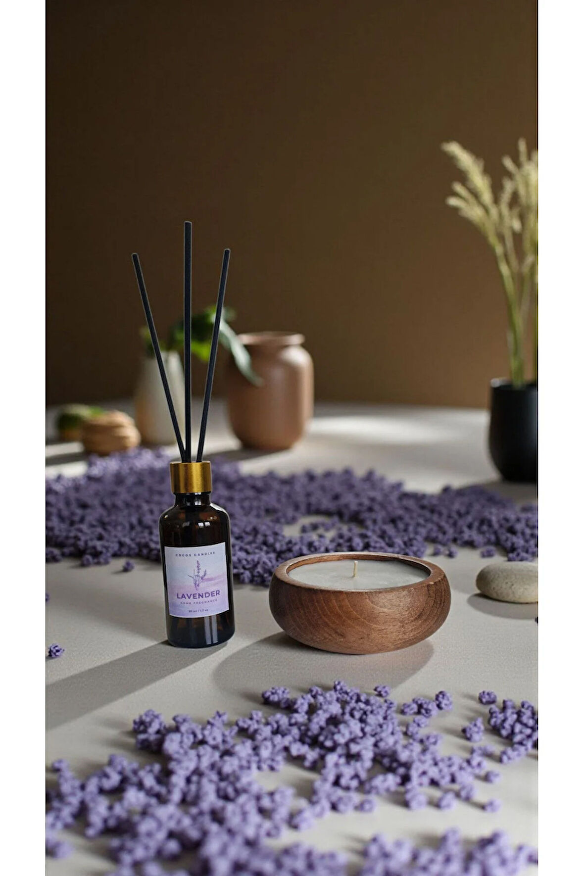 Lavanta Mum&Koku Set-Ahşap Pamuk Fitil Bambu Oda Kokusu (50 ml)