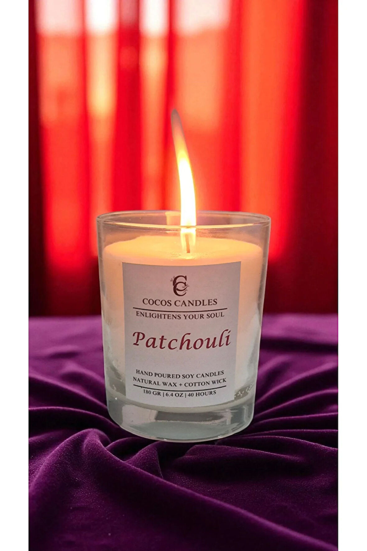 Cam Bardakta %100 Doğal Patchouli (Paçuli) Kokulu Aromaterapi El Yapımı Soya Mum – 180 gr / 7x9 cm
