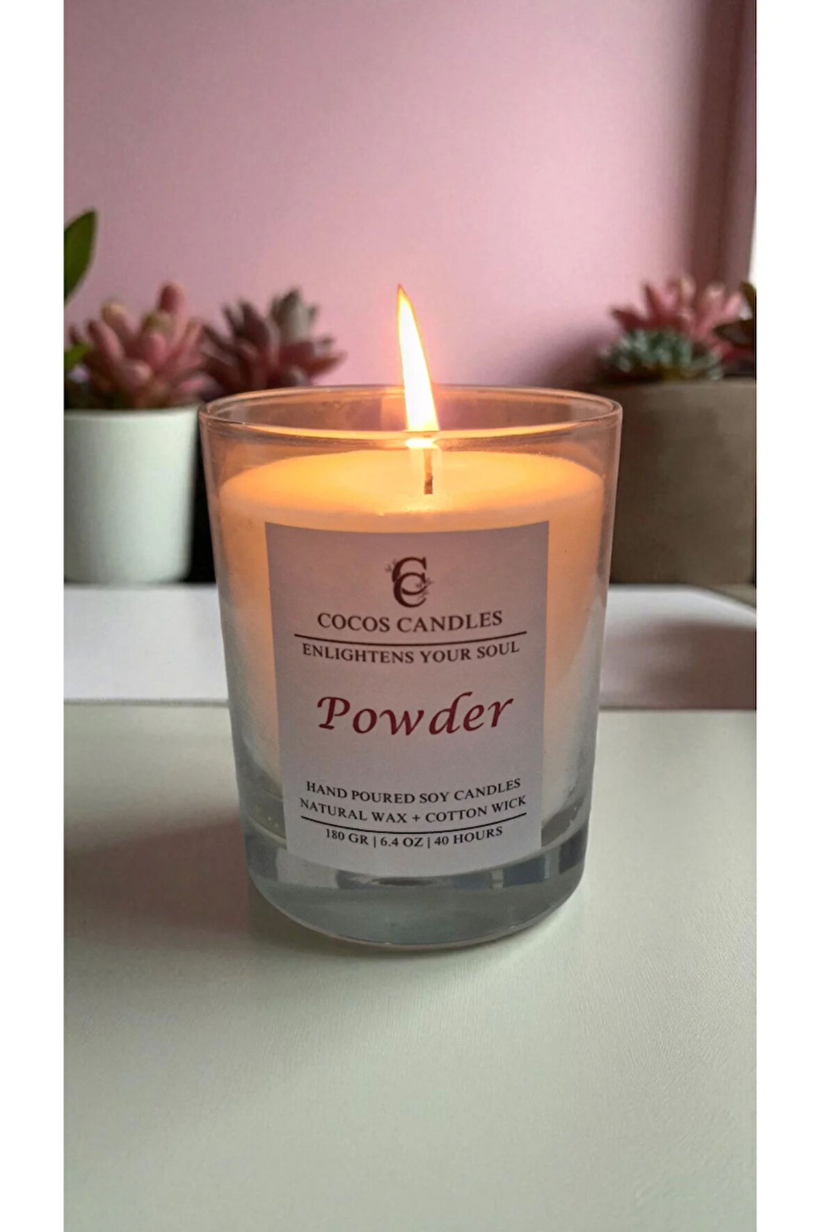 Cam Bardakta %100 Doğal Pudra Kokulu Aromaterapi Soya Mum – El Yapımı, 180 gr, 40 Saat