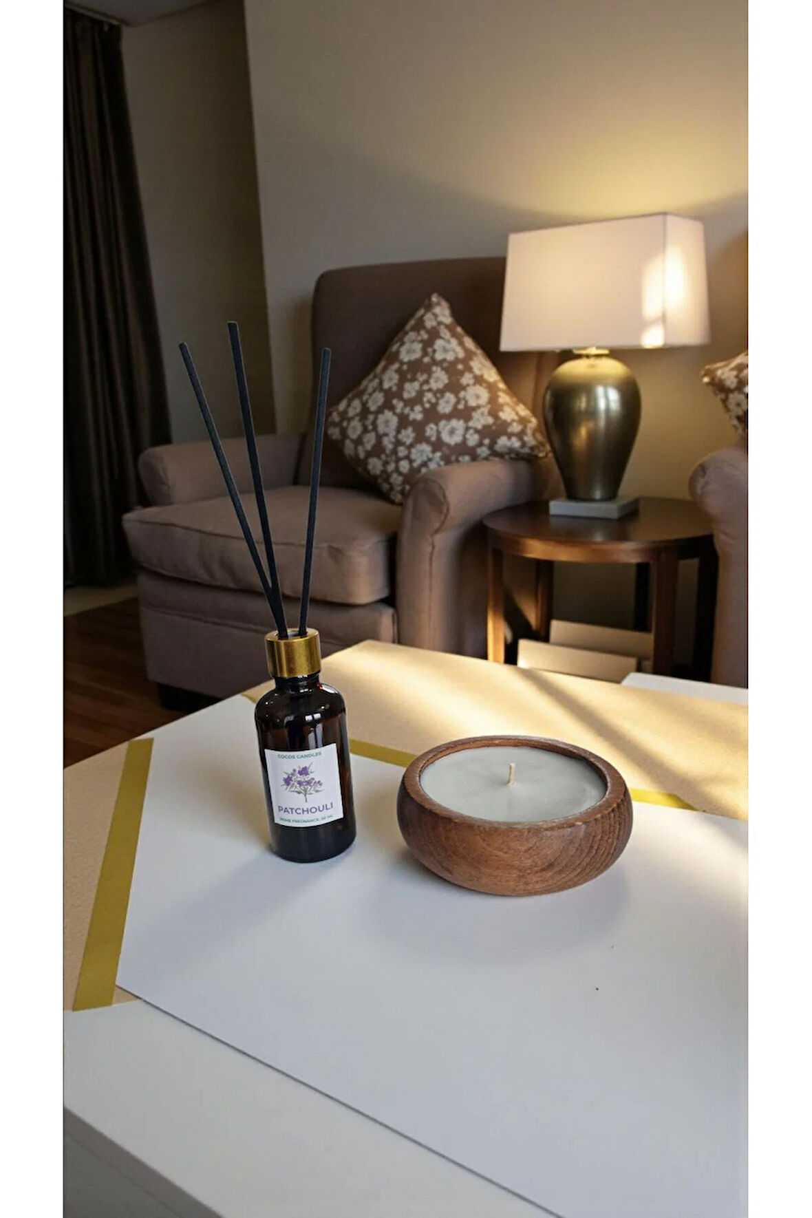 Paçuli Mum&Koku Set-Ahşap Fitil Bambu Oda Kokusu (50 ml)