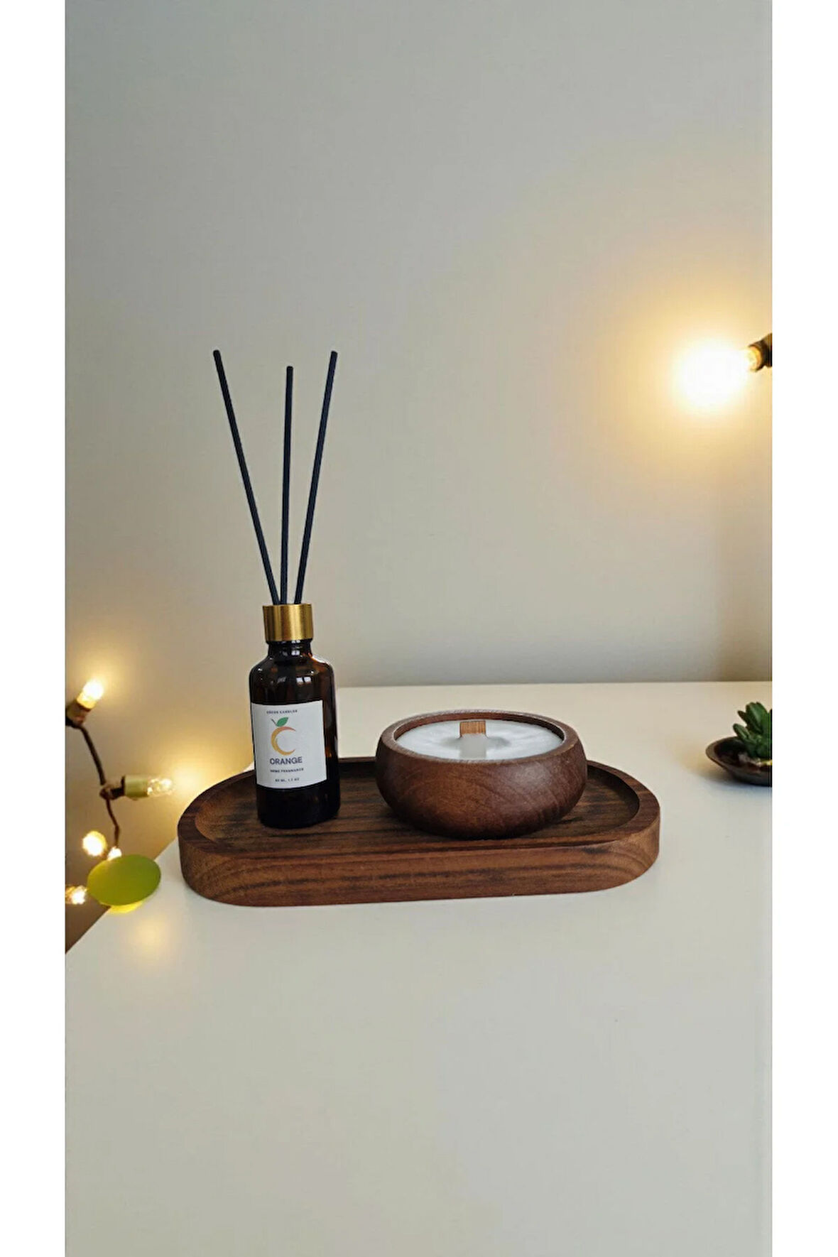 Portakal Mum&Koku Set-Ahşap Tabak Ahşap Fitil Bambu Oda Kokusu (50 ml)