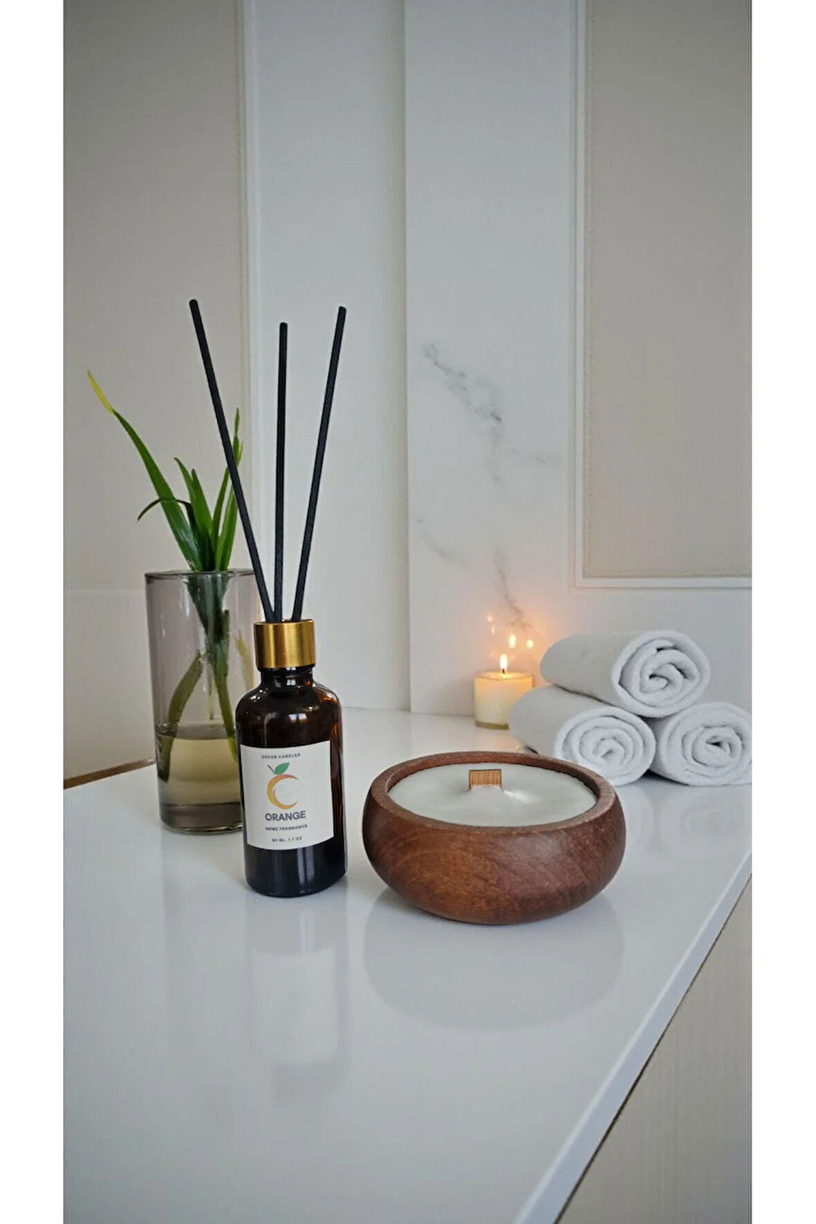 Portakal Mum&Koku Set-Ahşap Fitil Bambu Oda Kokusu (50 ml)