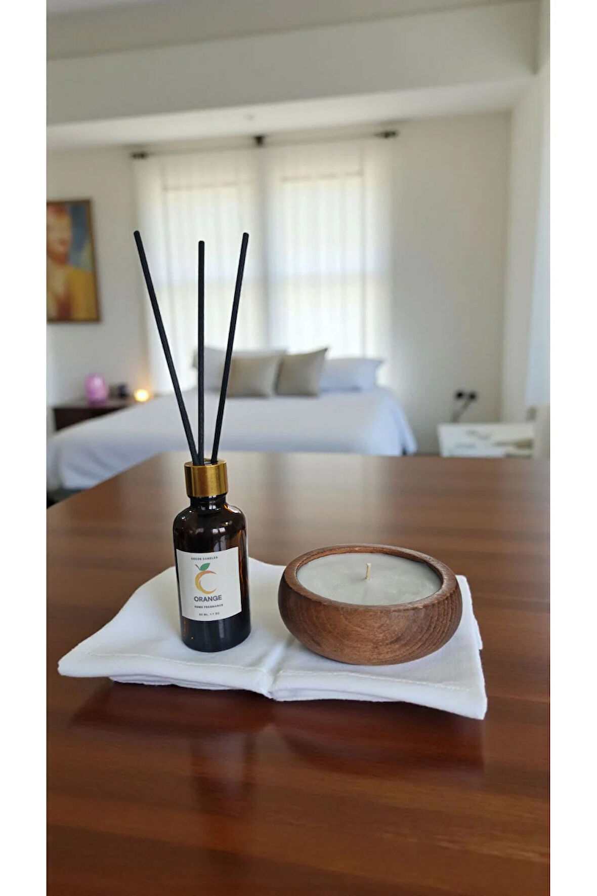 Portakal Mum&Koku Set-Ahşap Pamuk Fitil Bambu Oda Kokusu (50 ml)