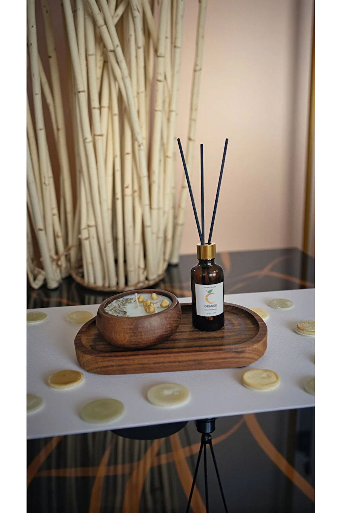 Portakal Mum&Koku Set-Ahşap Tabak Pamuk Fitil Bambu Oda Kokusu (50 ml) Lavanta Üzerlik